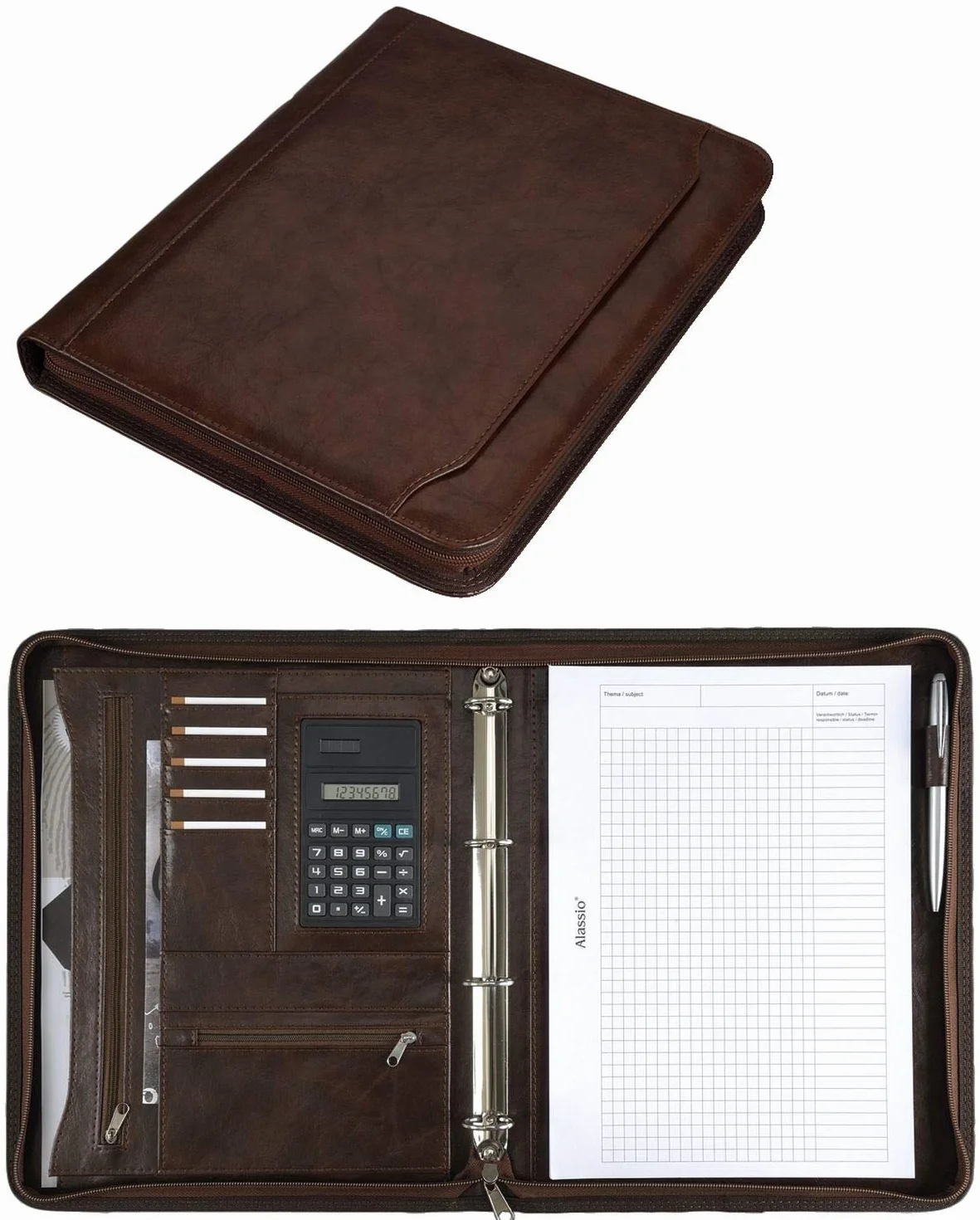 Alassio 30064 segregator MASSA DIN A4 teczka konferencyjna imitacja skóry brązowa 34x27x4 cm z kalkulatorem