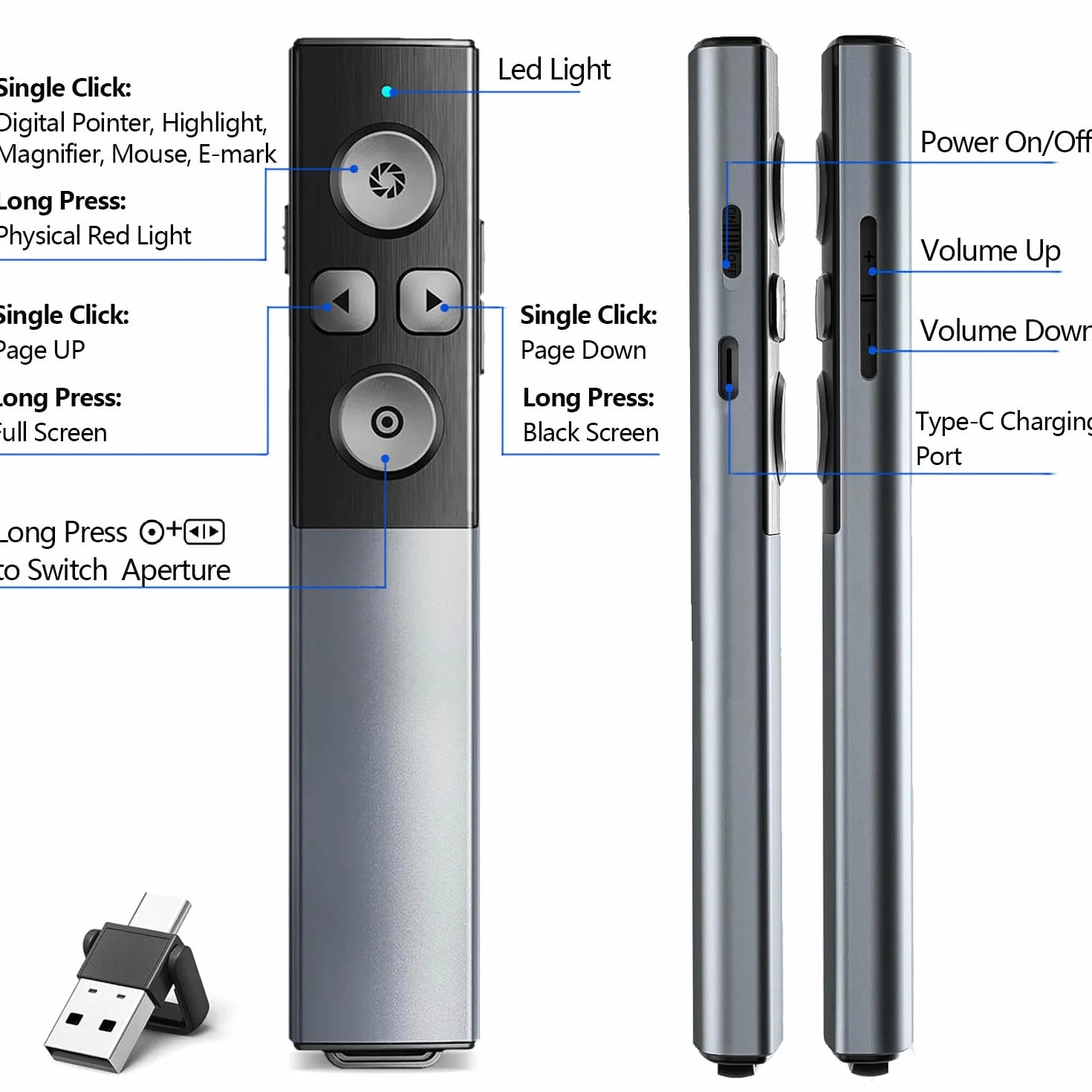 Cyfrowy pilot do prezentacji ze stopu aluminium z podświetlającą lupą, timer myszy powietrznej, USB/typ C, 2 w 1, ładowalny, bezprzewodowy prezenter, Powerpoint Clicker do ekranu telewizora LED LCD
