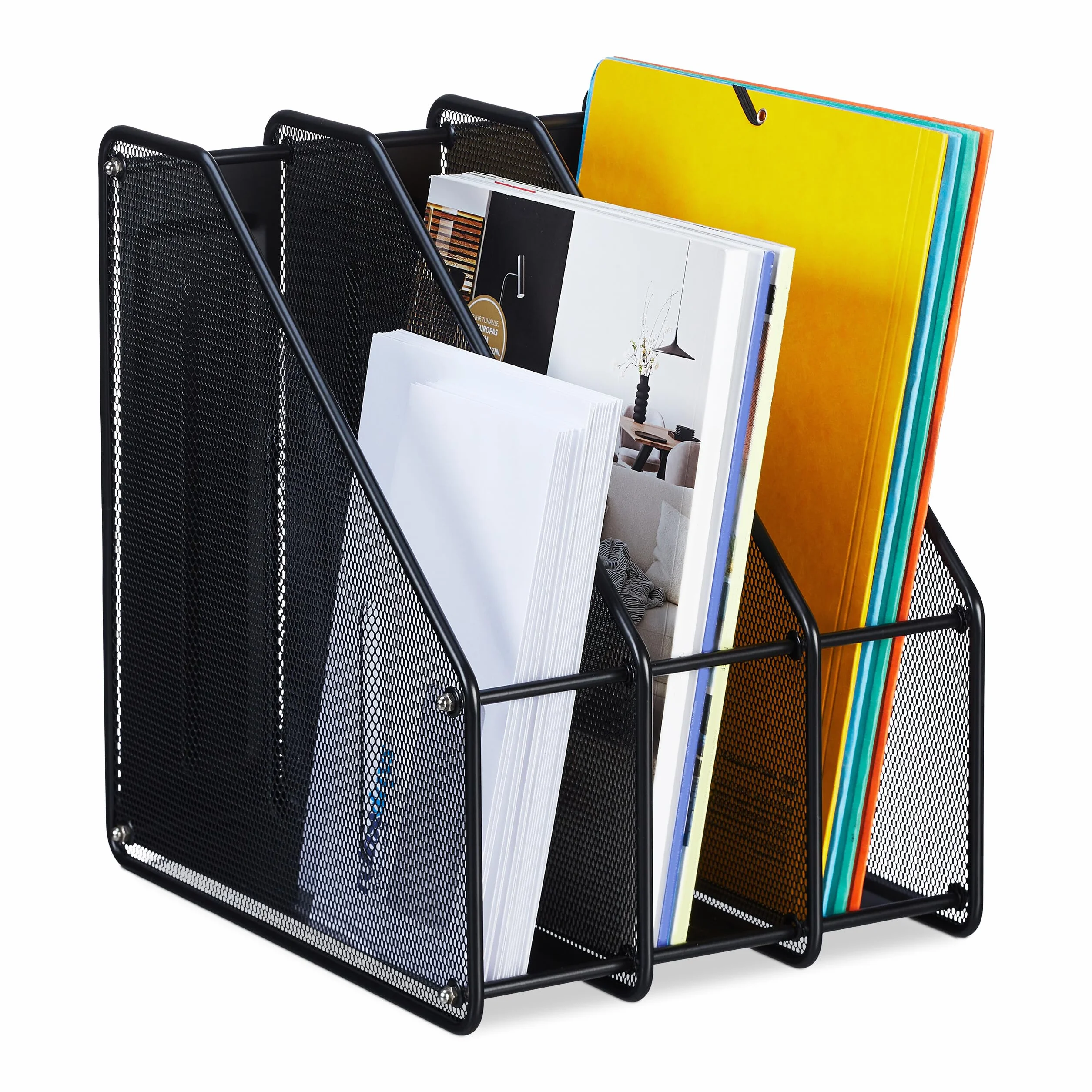 Relaxdays Organizer stojący, A4, 3 przegródki, siatka, wys. x gł.: 31,5 x 24 x 29 cm, biuro i biuro, segregator stojący, metal, czarny