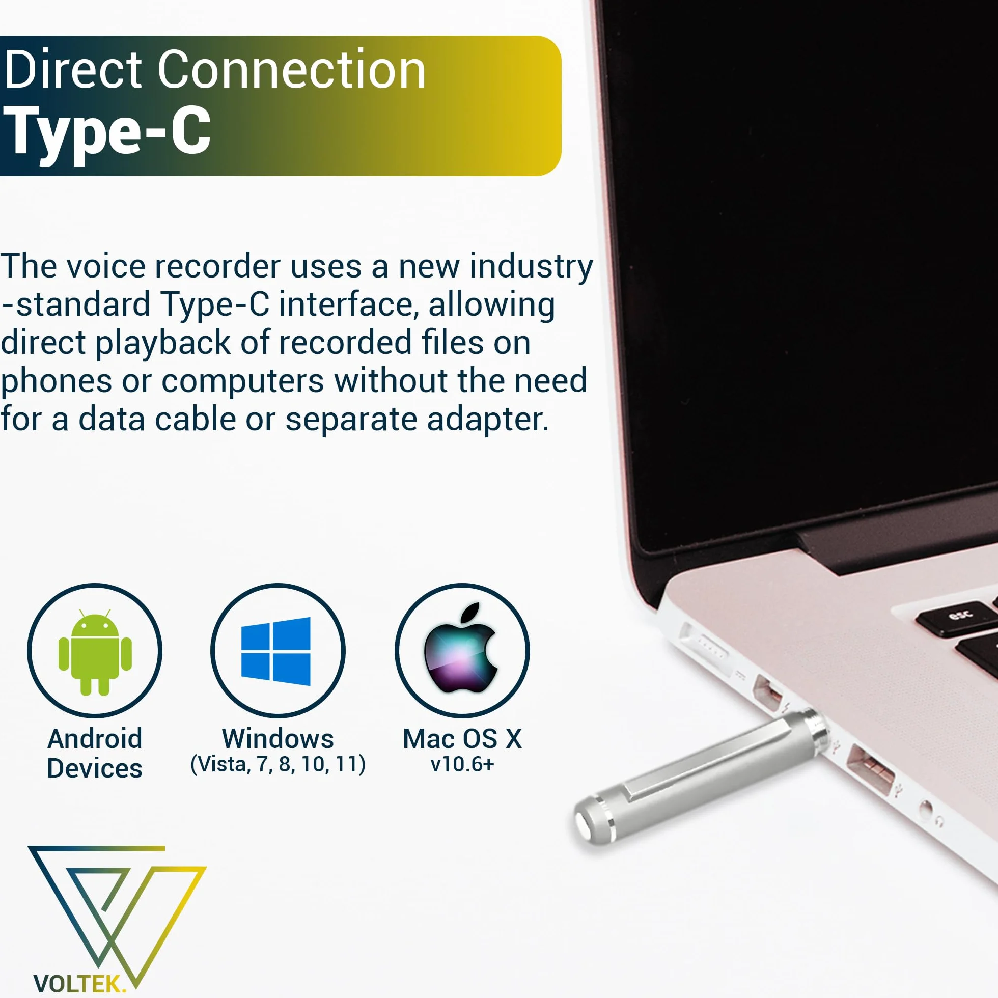VOLTEK Pióro do nagrywania dźwięku Micro Spy, 64 GB, USB 3.0, typ C, przechwytywanie głosu za pomocą dyktafonów głosowych, mini rejestrator na spotkania, konferencje, dziennikarz, darmowy e-book w