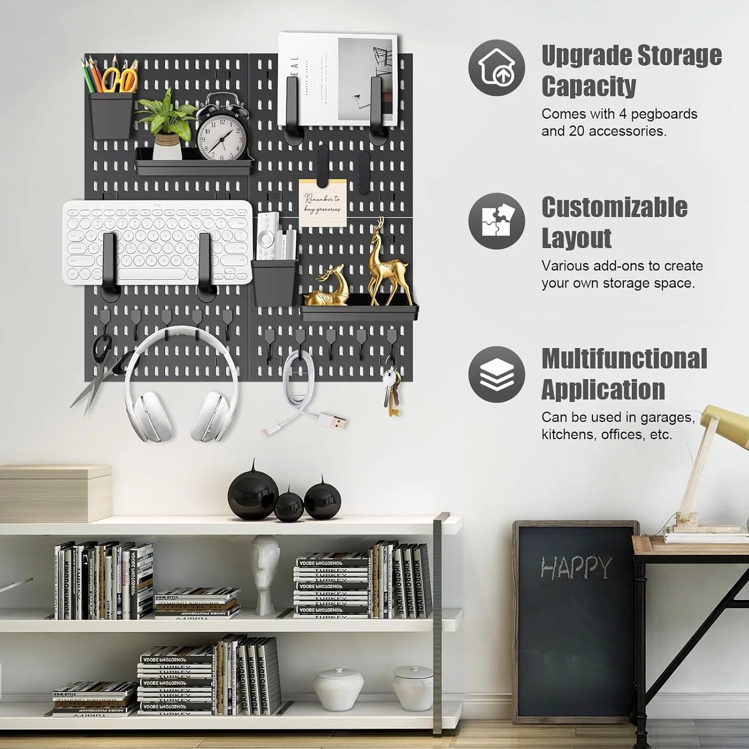 Tablica wtykowa, zestaw 4 paneli wtykowych (30 x 30 cm) + 20 akcesoriów do przechowywania pomieszczeń, organizacji i dekoracji, dowolne połączenie i łatwa instalacja (czarna)