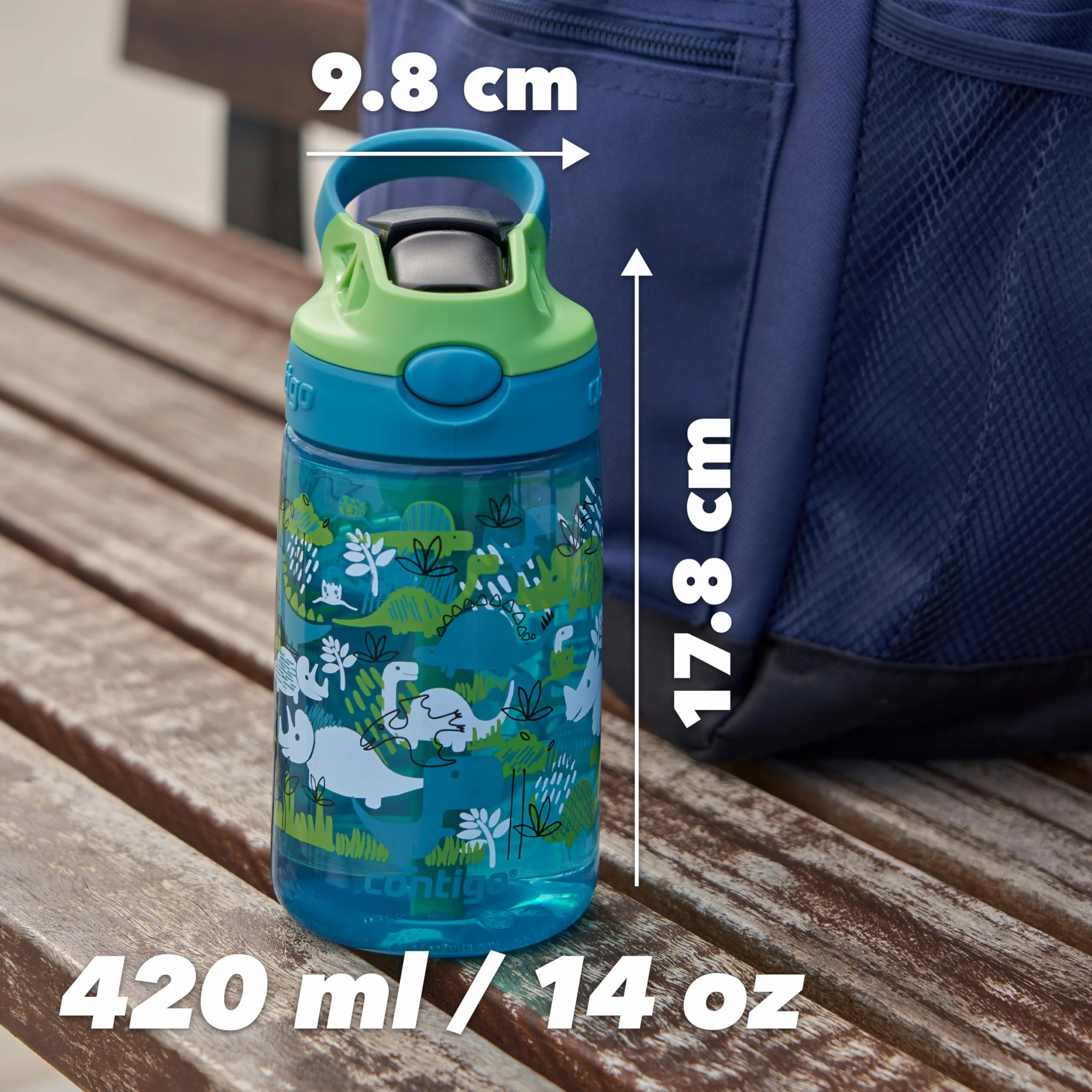 Contigo Butelka na wodę dla dzieci Easy Clean Autospout ze słomką, butelka na napoje ze stali nierdzewnej bez BPA, 100% szczelna, łatwa do czyszczenia, idealna do przedszkola, Dinoboy
