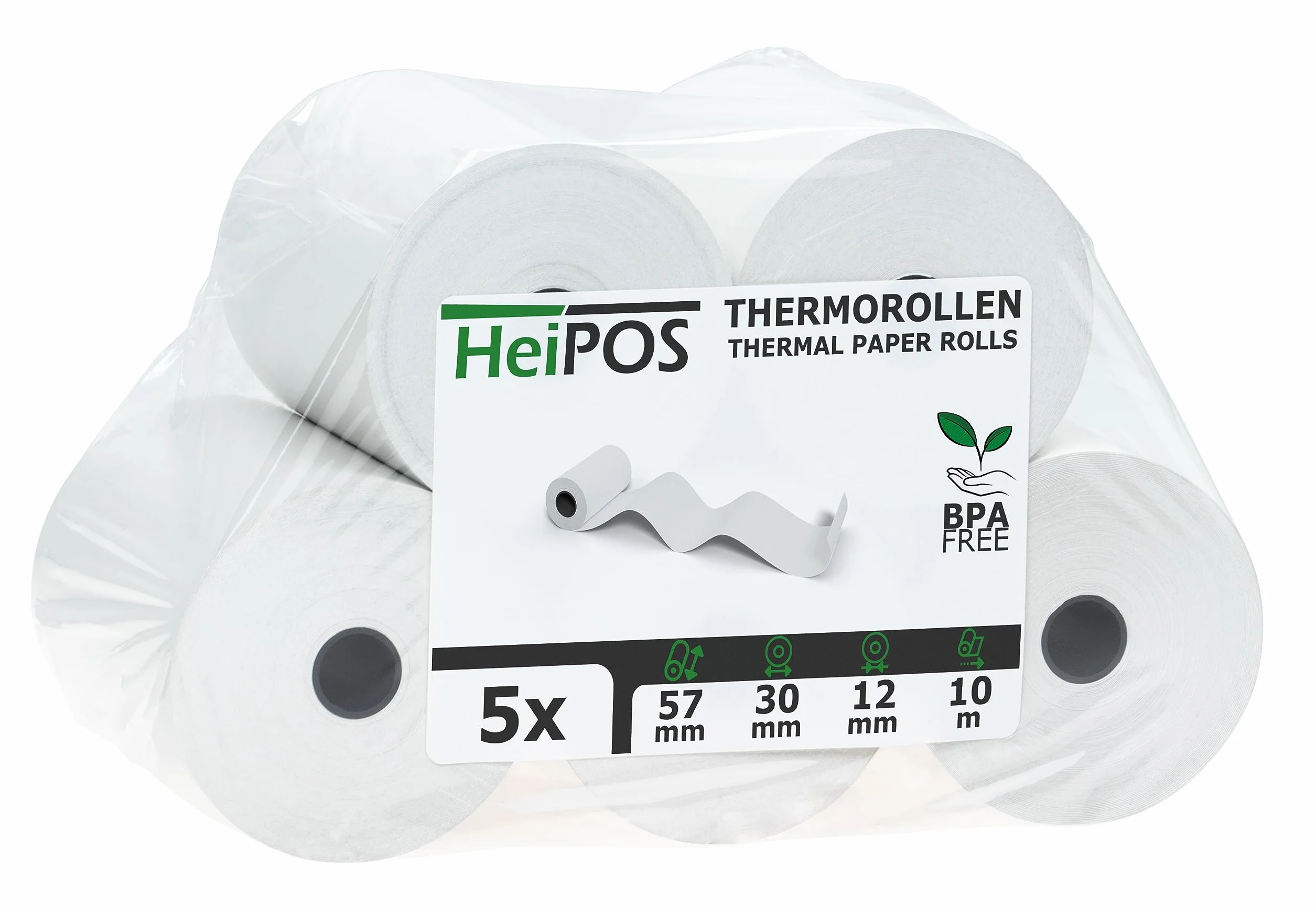 HeiPOS 5x rolki termiczne BPA free (W/Ø) 57mm / 30mm - długość 10m, rdzeń Ø 12mm, gramatura 52 g/m2, grubość 60 µm, 10 lat trwałości