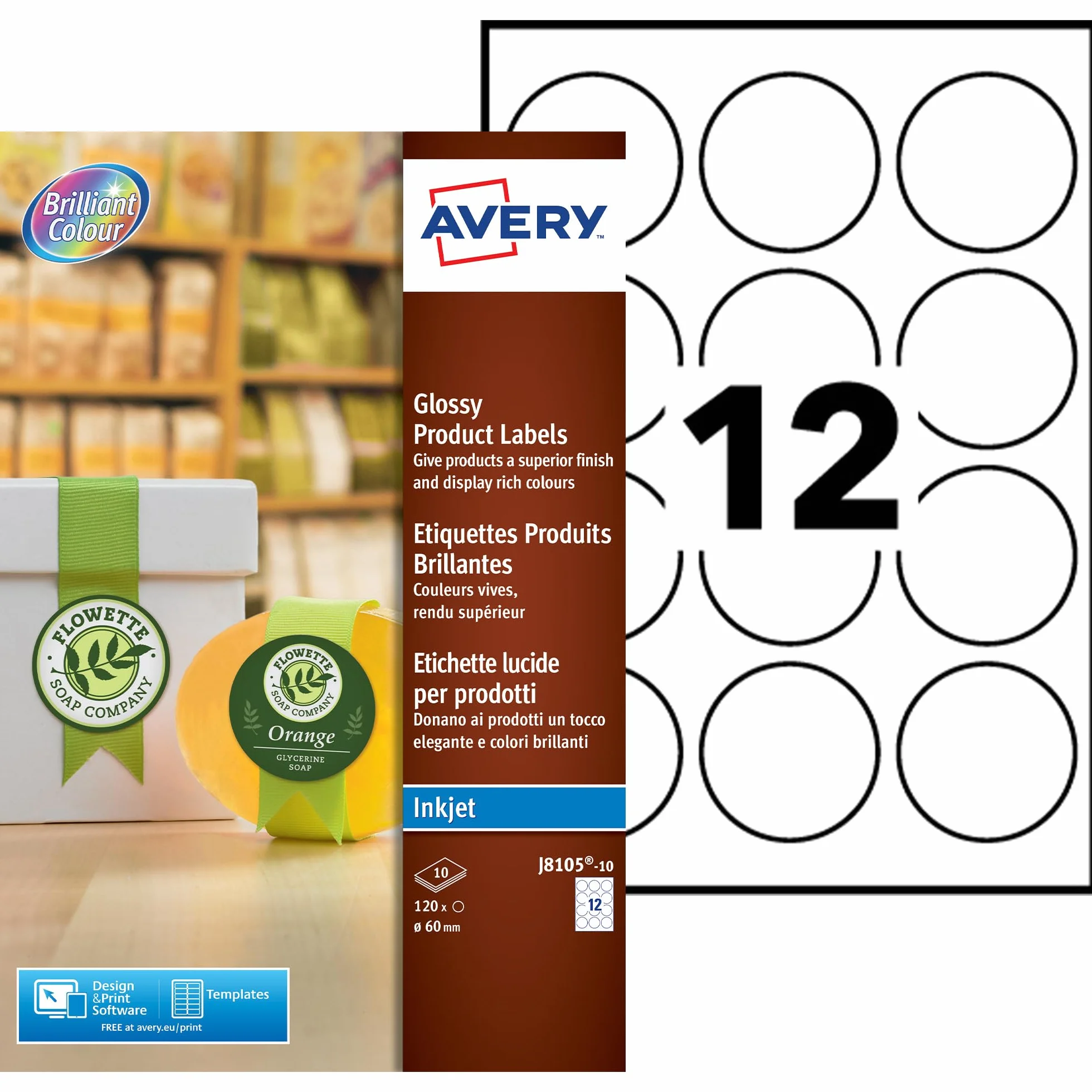 Avery J8105-10 samoprzylepne okrągłe etykiety, 12 etykiet na arkusz A4