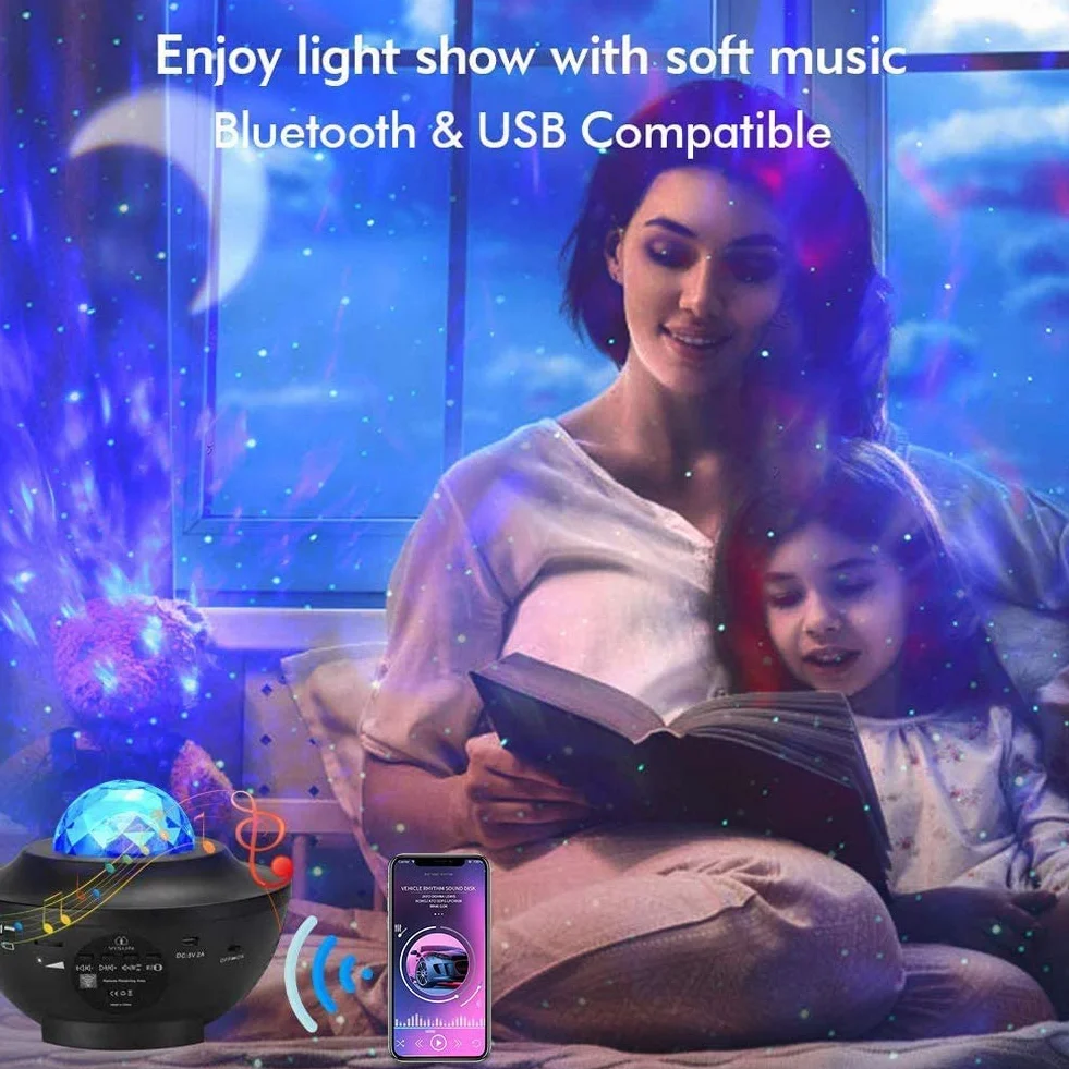 Projektor LED Gwiaździste Niebo z Pilotem, 3 w 1 Światło Galaktyki, Projektor Gwiazd z Głośnikiem Bluetooth/Ruchome Gwiazdy/360° Obracające Się Fale Oceanu dla Dzieci i Dorosłych, Imprezy Urodziny