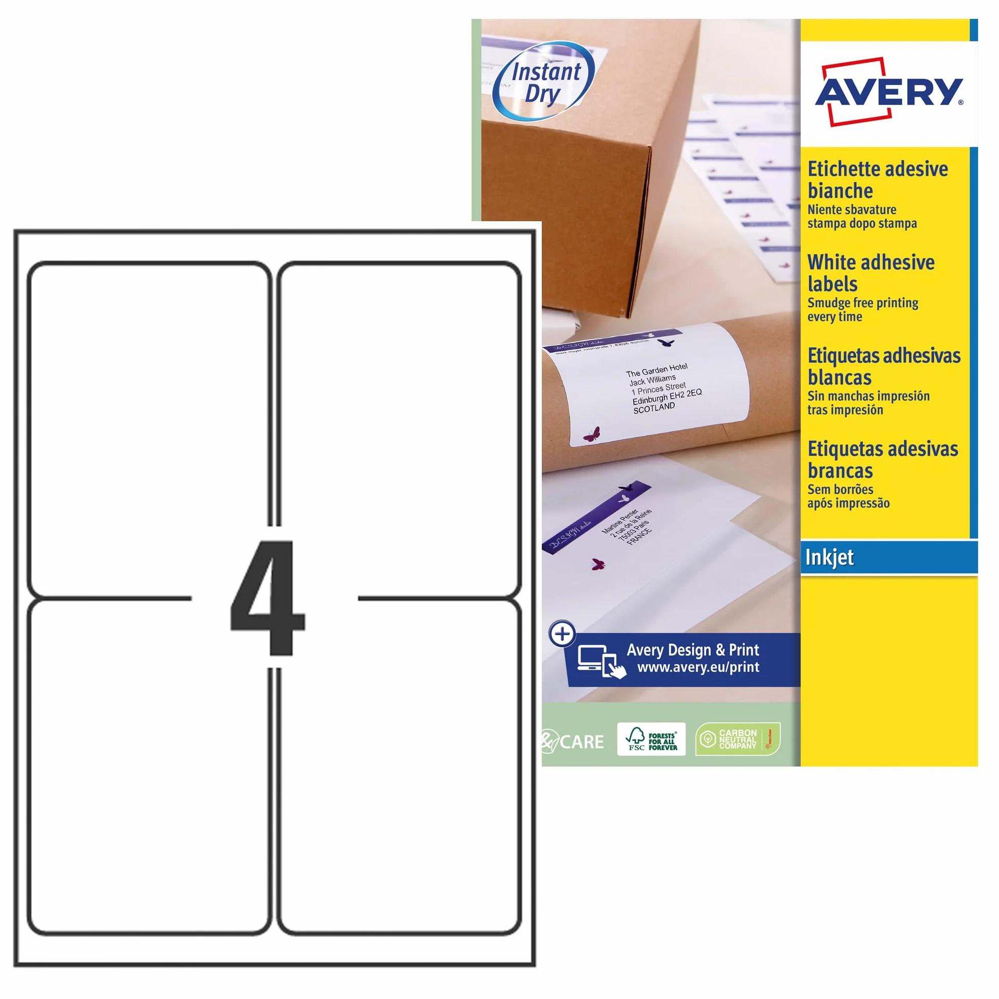 Avery Samoprzylepne etykiety do wysyłki, drukarki atramentowe, 4 etykiety na arkusz A4, 100 etykiet, QuickDRY (J8169), białe