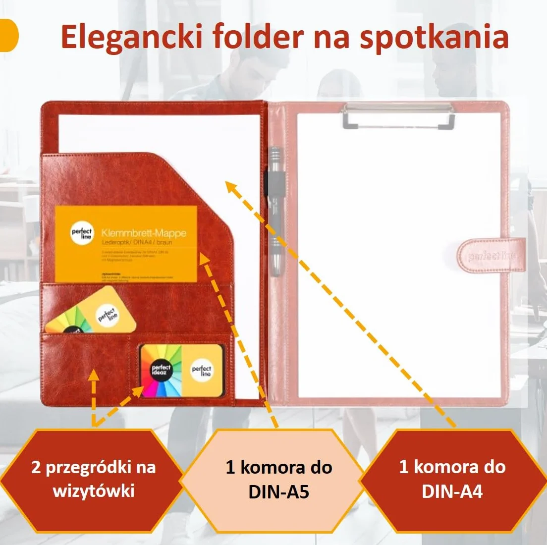 perfect line - Teczka z klipsem DIN-A4 z zapięciem magnetycznym - wykonana z wytrzymałej sztucznej skóry o stylowym wyglądzie skóry - teczka biznesowa premium (1 teczka - brązowa)