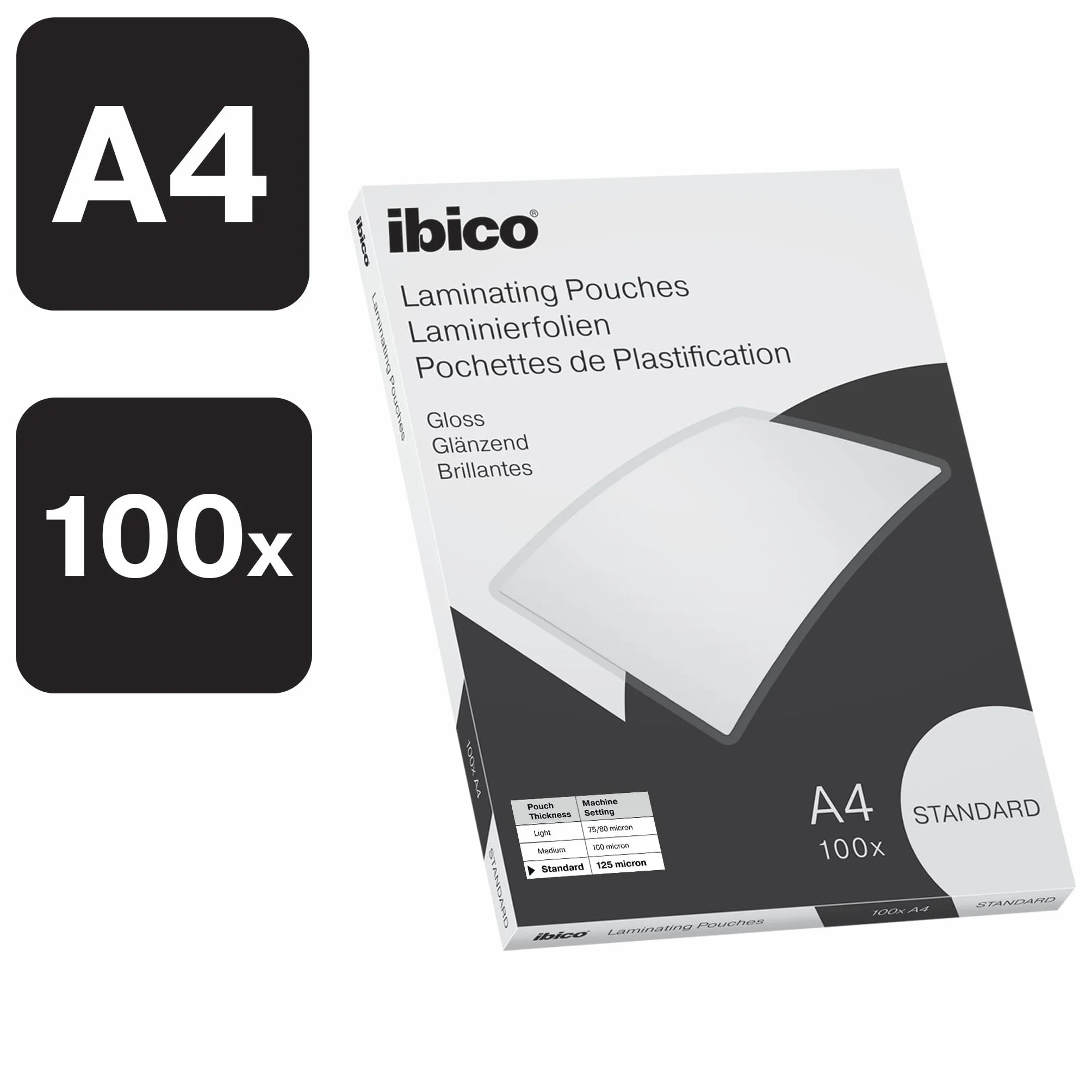 Ibico, Błyszcząca Folia do Laminowania A4 Ibico Basics Standard, 125 Mikronów, Krystalicznie Przezroczysta, 100 Sztuk (627310)