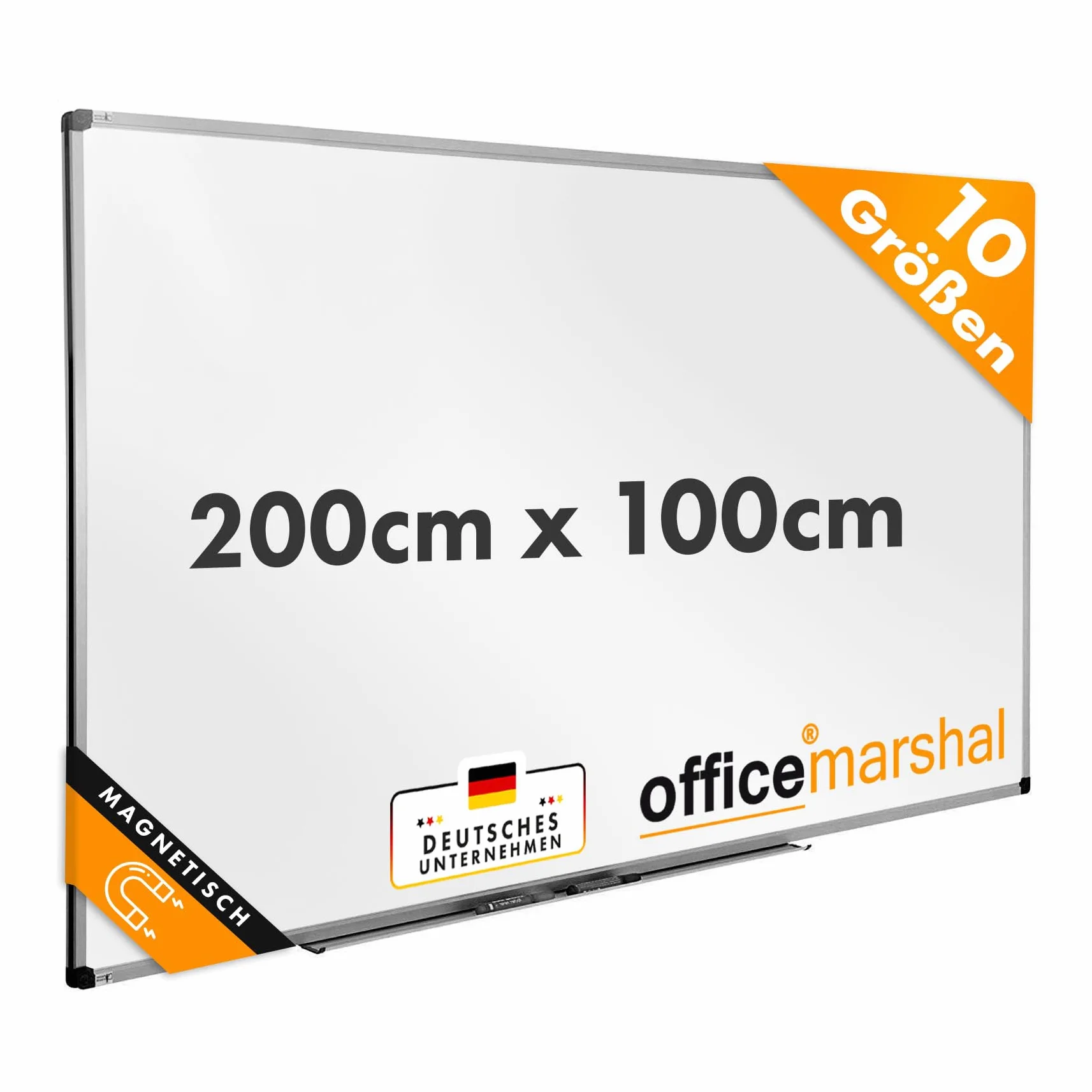 OfficeMarshal Magnetyczna tablica suchościeralna, 200 x 100 cm, z aluminiową ramą i zdejmowaną półką na długopisy do biura, domu i szkoły, odporna na zarysowania i wycieranie na sucho, tablica