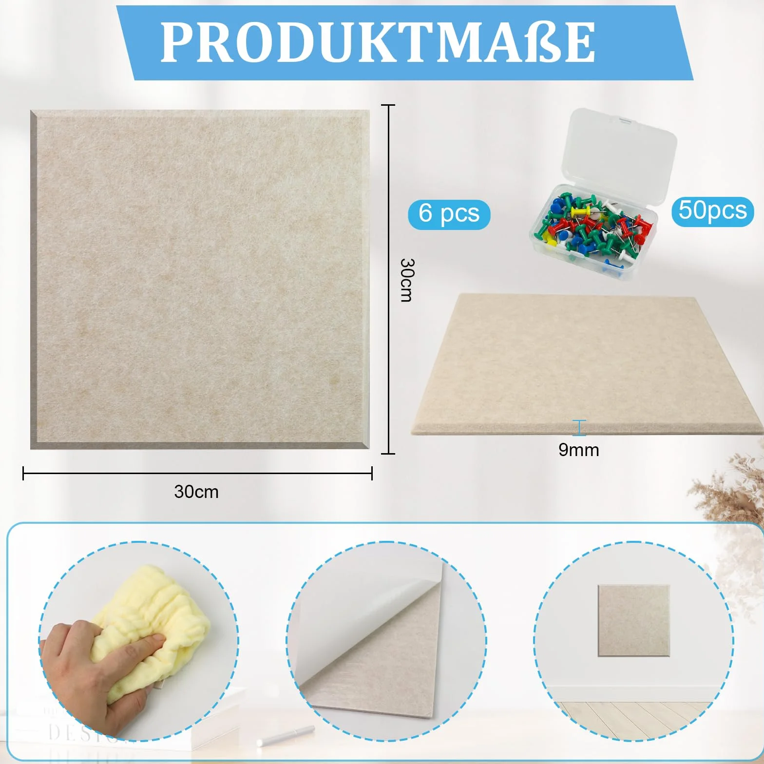 Filcowa tablica korkowa samoprzylepna 90 x 60 cm ciemny wielbłąd 6 sztuk 30 x 30 cm dekoracyjna