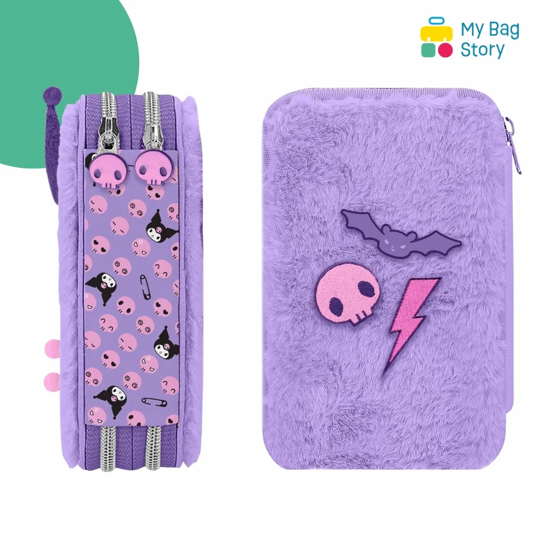 mybagstory | Pluszowy piórnik Kuromi z 2 przegródkami | Kompletny zestaw szkolny 28 akcesoriów do kolorowania, miękki fioletowy kawaii design dla dziewczynek i fanów Sanrio | Wymiary 12x20x4 cm