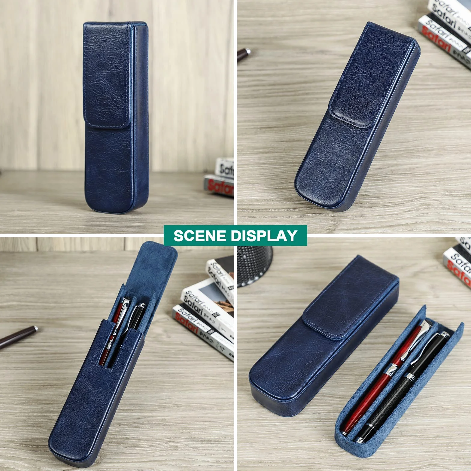 Skóra garbowana roślinnie Piórnik z ukrytym magnetycznym zamknięciem, NIEBIESKI, For 2 Pens, Organizer do torby