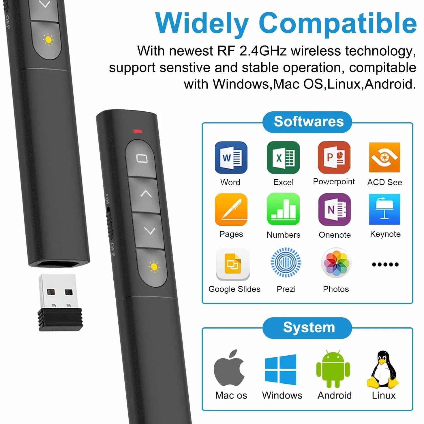 Powerpoint Clicker do Prezentacji, 2,4 GHz Bezprzewodowy Pilot do Prezentacji Wskazówka PPT Clicker Slide Advancer Komputer Clicker Wsparcie Głośności Hiperlink