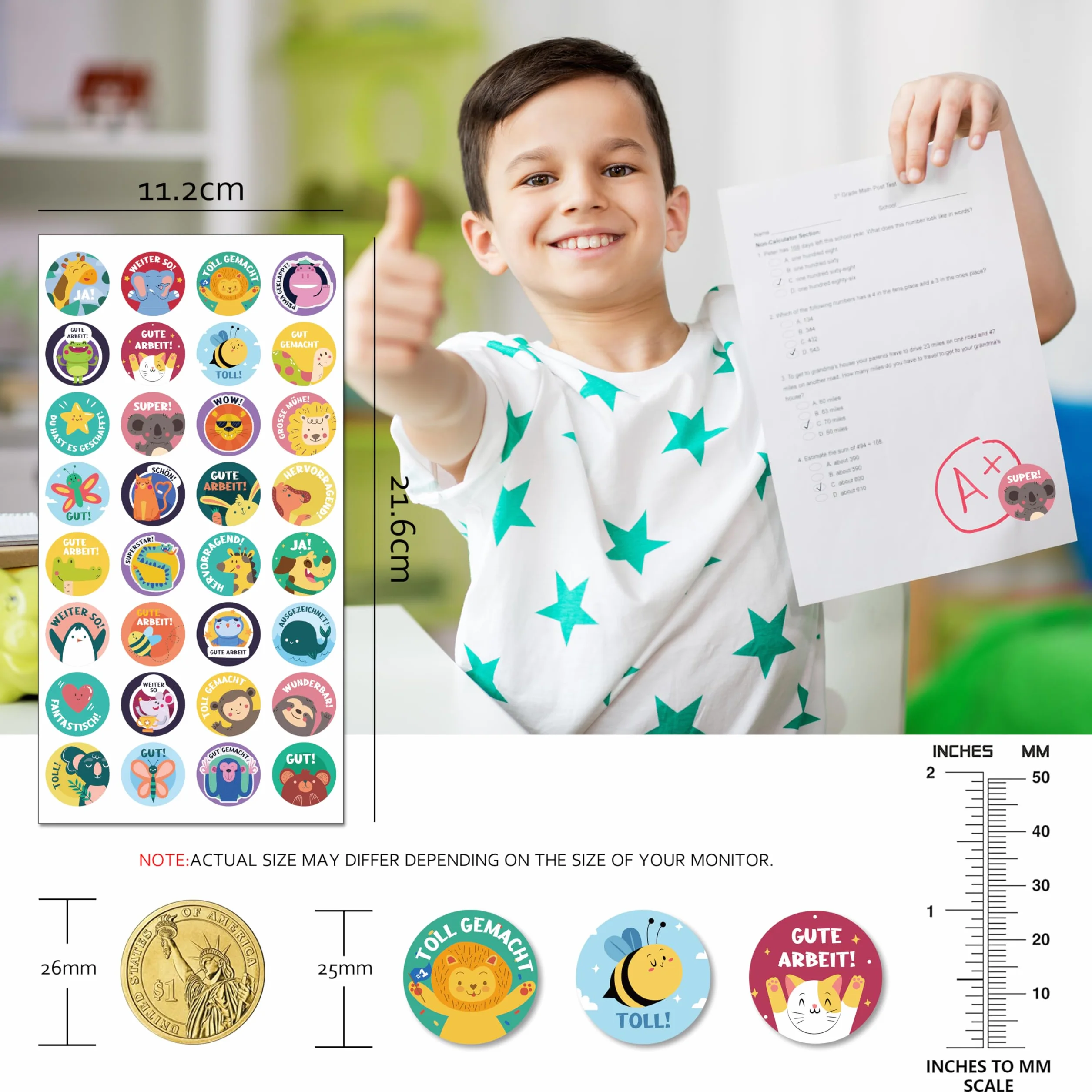 1600 sztuk naklejek motywacyjnych dla dzieci, 25 mm, 32 wzory, samoprzylepne naklejki nagrody, niemieckie naklejki nagrody Reward Stickers naklejki na zwierzęta w zoo na artykuły dla nauczycieli