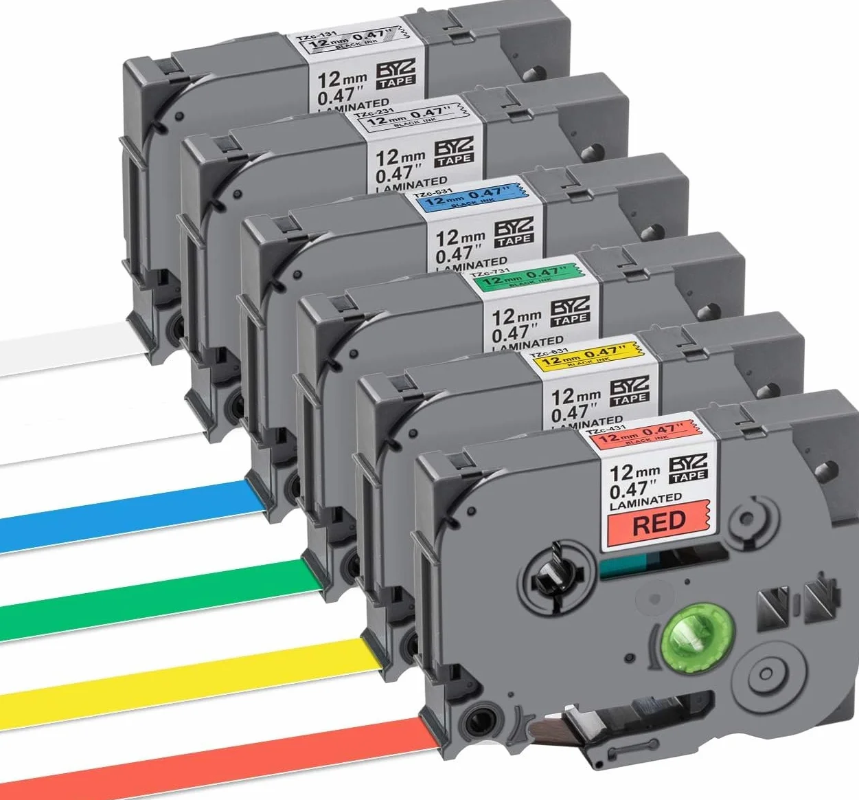 6 sztuk etykiet w różnych kolorach, taśmy 12 mm x 8 m do drukarki Brother TZe, kompatybilne z Brother P-Touch PT-1000, czarne na białym / czerwonym / niebieskim / żółtym/zielonym/przezroczystym