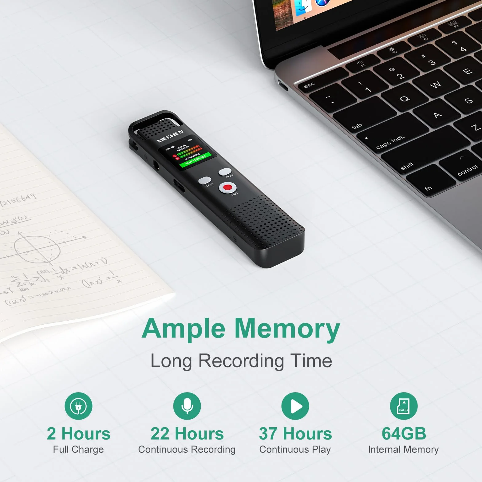 MECHEN Dyktafon cyfrowy, 64 GB, 1536 kbps z odtwarzaczem MP3, jakość dźwięku HD, redukcja szumów z funkcją sterowania głosem, funkcja nagrywania na wykład, spotkania