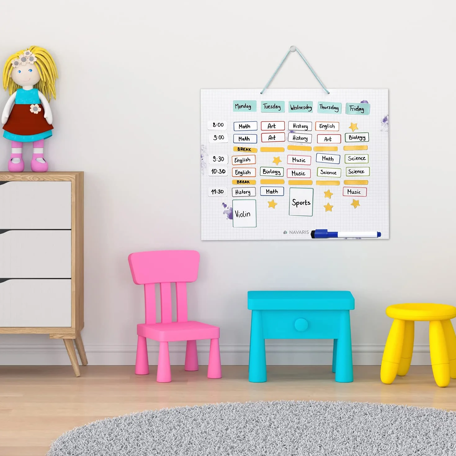 Navaris Magnetyczny planer tygodniowy, ścieralna, 40 x 32 cm, ze 115 magnesami i pisakiem, tablica magnetyczna z możliwością personalizacji, planer rodzinny