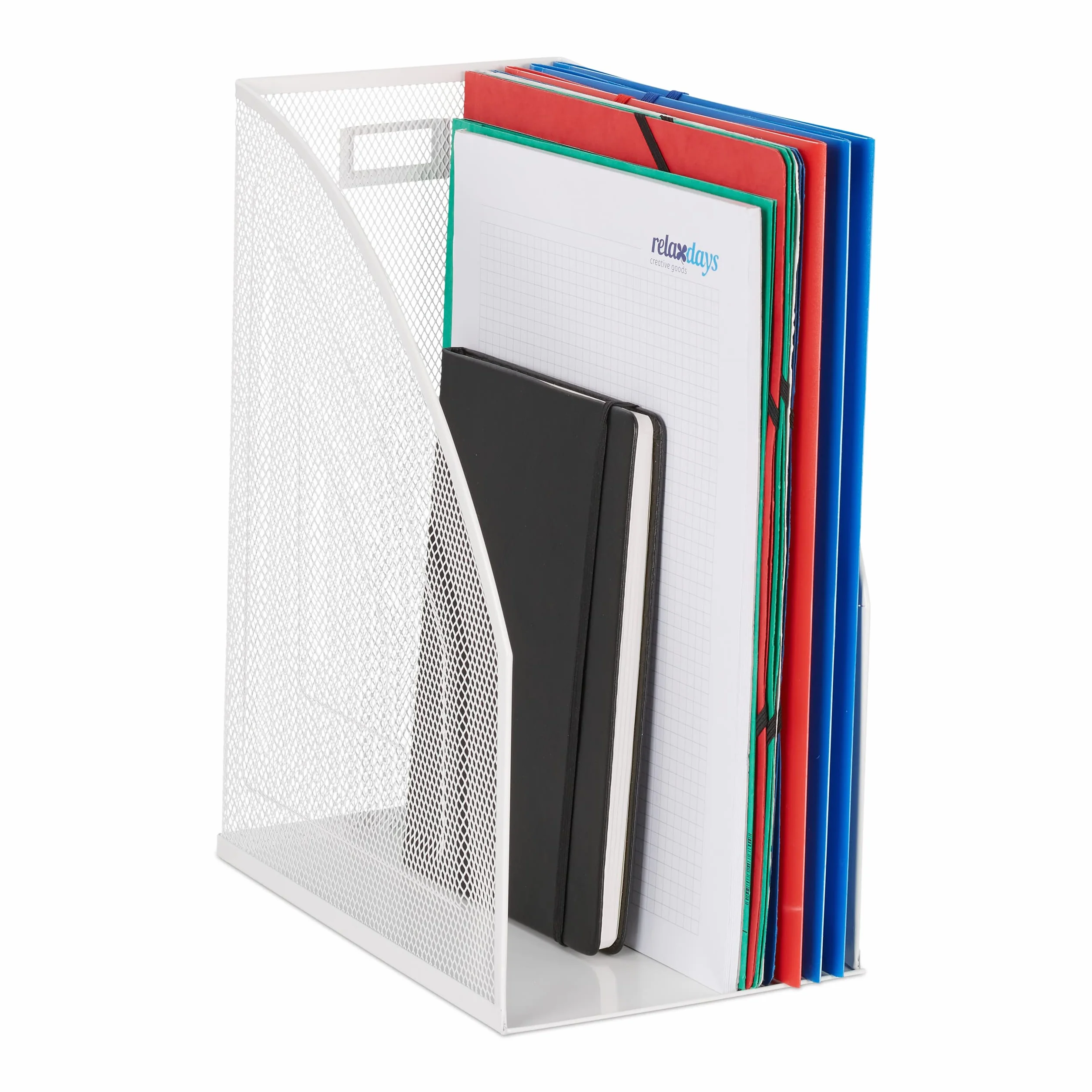 Relaxdays Segregator metalowy, DIN A4, stabilny segregator stojący, wzornictwo z siateczki, do biura i biura domowego, wys. x szer. x gł.: 32 x 16 x 24,5 cm, biały