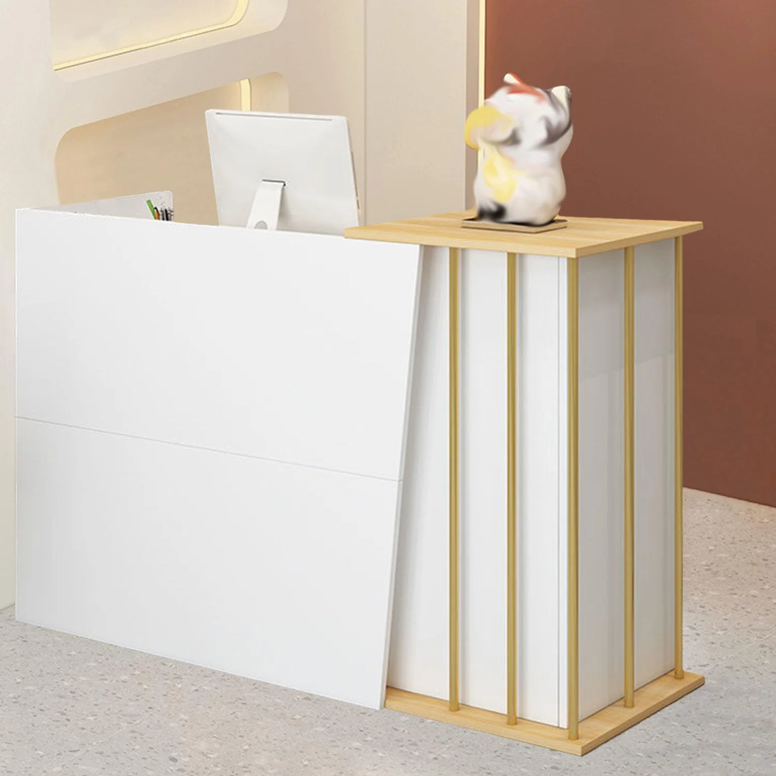 Biurko Recepcyjne Drewniane 140 cm Z Szafkami I Szufladami