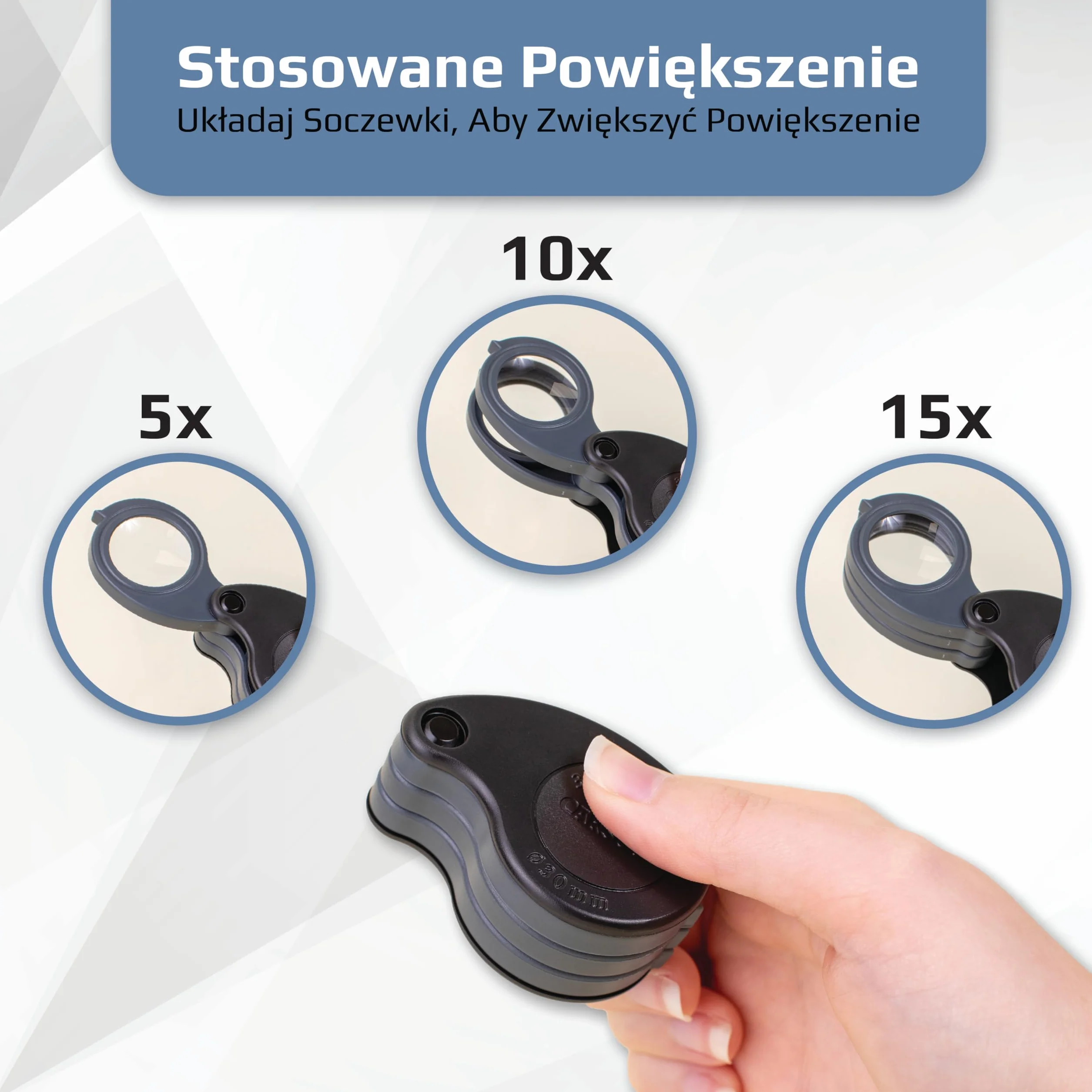 Składana lupa Carson TriView 5x/10x/15x z wbudowanym etui, przenośne szkło powiększające 3 w 1 - regulowane powiększenie, idealne do biżuterii (TV-15)
