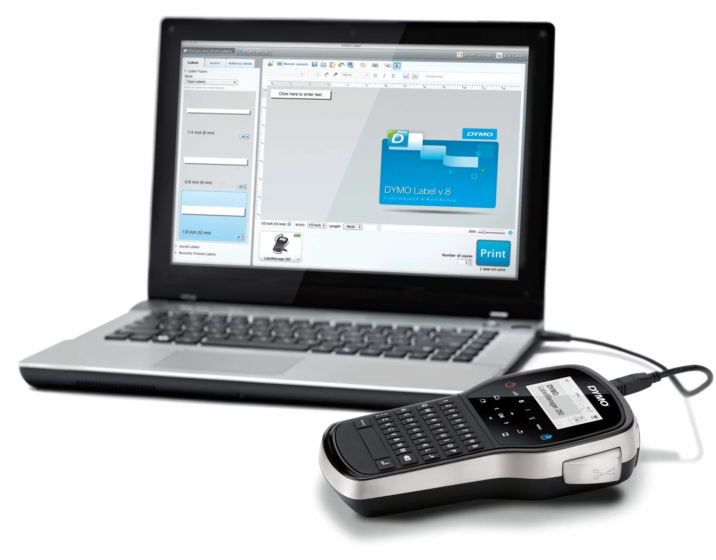 Zestaw ręcznej drukarki etykietDYMO LabelManager 280, klawiatura QWERTY, 2 rolki etykiet D1 i walizka do przenoszenia