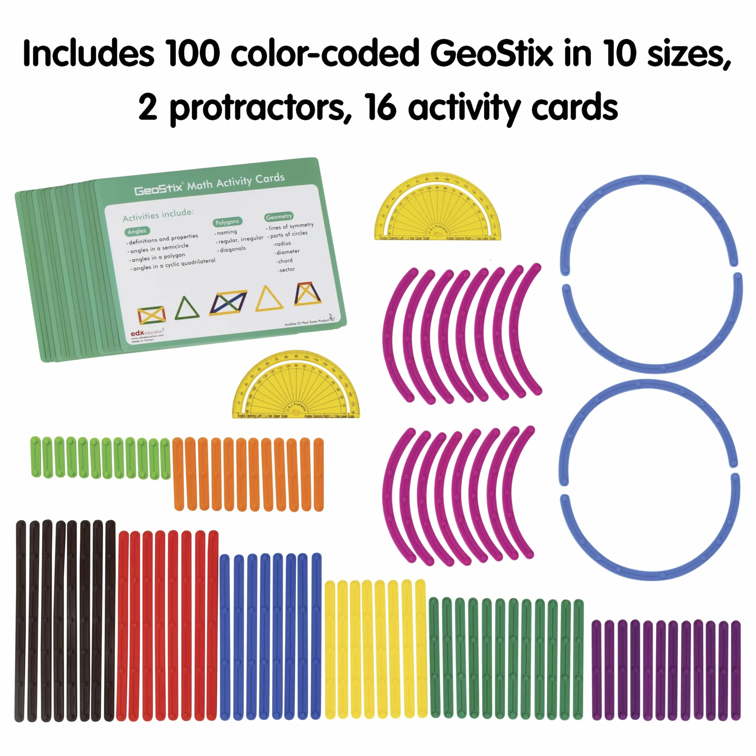 edxeducation GeoStix Deluxe zestaw | Teach Geometry | 100 patyczków konstrukcyjnych, 2 kątomierze, karty aktywności, manipulacja matematyką, sztuką i motoryką
