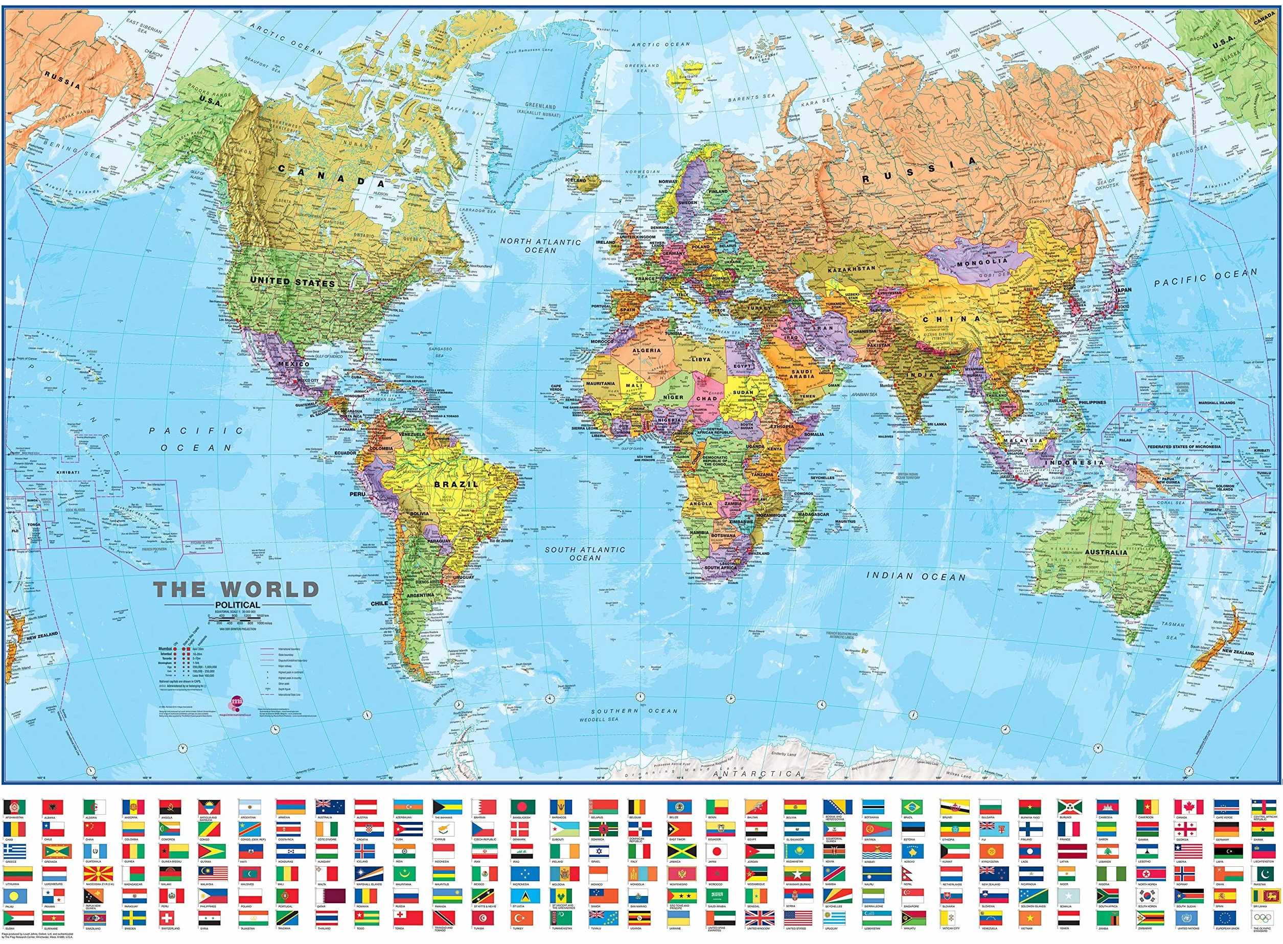 Maps International, mapa świata z flagami, laminowana, 84,1 x 59,4 cm (szer. x wys.)