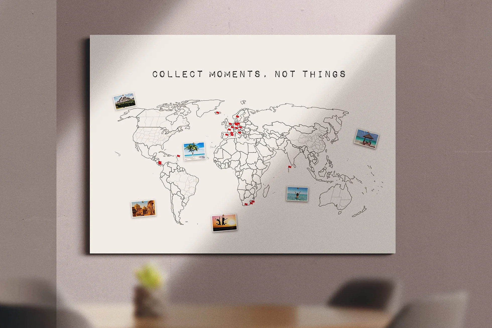 Mapa świata do przypinania "Collect Moments" lub do kolorowania – trwała i ręcznie wykonana w Niemczech – rozmiar: 60 x 40 cm