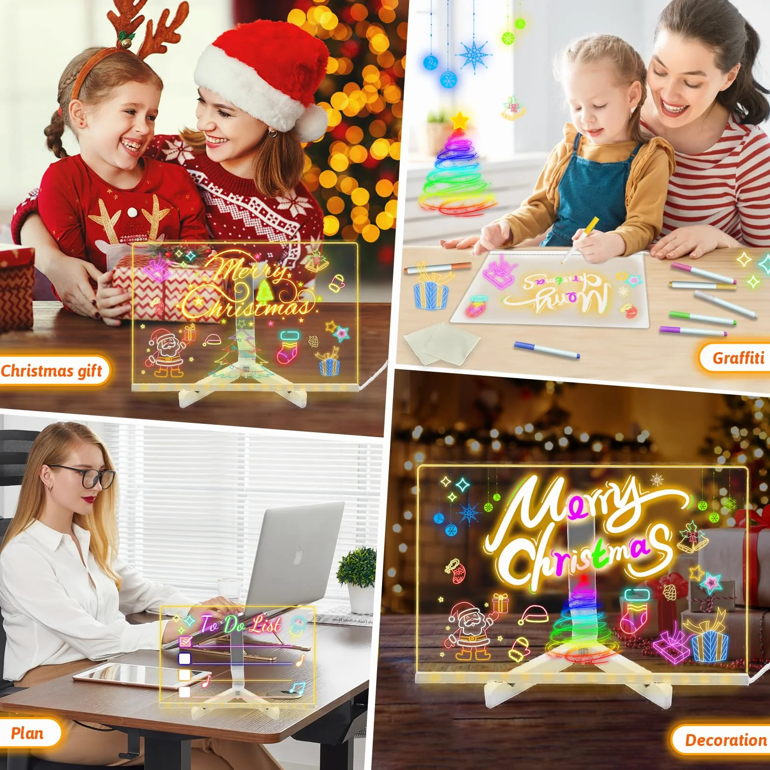Tablica na notatki LED, 30 x 20 cm, podświetlana akrylowa tablica komunikatów LED, tablica do rysowania LED, suchościeralna tablica biurkowa na notatki, podświetlany notatnik z podstawką