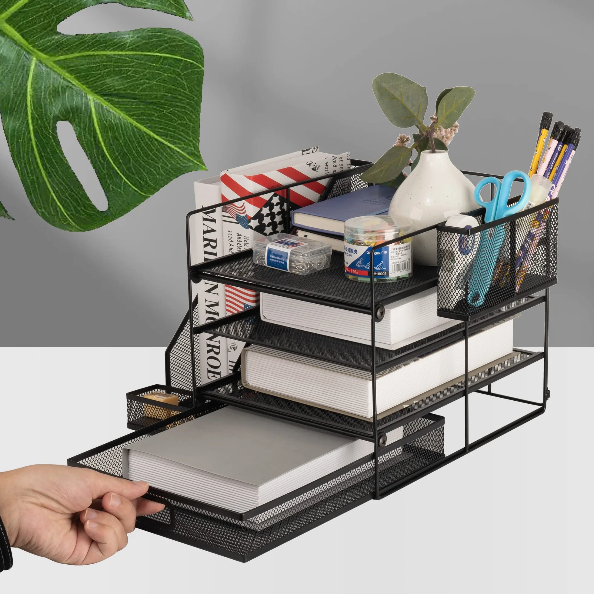 Organizer na biurko z uchwytem na dokumenty, 4-poziomowy organizer na dokumenty z szufladą i uchwytem na długopis, organizery na biurko z siatką i akcesoria z uchwytem na czasopisma do materiałów