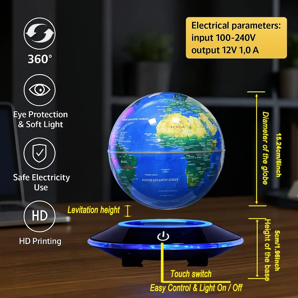 Magnetyczny unoszący się globus 6" z oświetleniem LED – idealny prezent dla dzieci, fajna dekoracja biurowa dla mężczyzn, wyjątkowy prezent urodzinowy