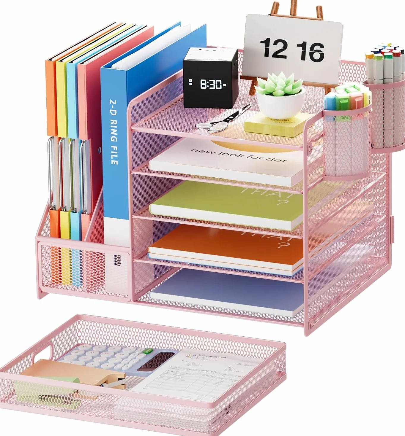 Marbrasse Organizer na Biurko z Uchwytem na Dokumenty,5-Poziomowy Regał na Listy z Szufladą I 2 Uchwytami na Długopisy, Akcesoria Biurko,Miejsce Organizer,Uchwyt Czasopisma (Różowy)