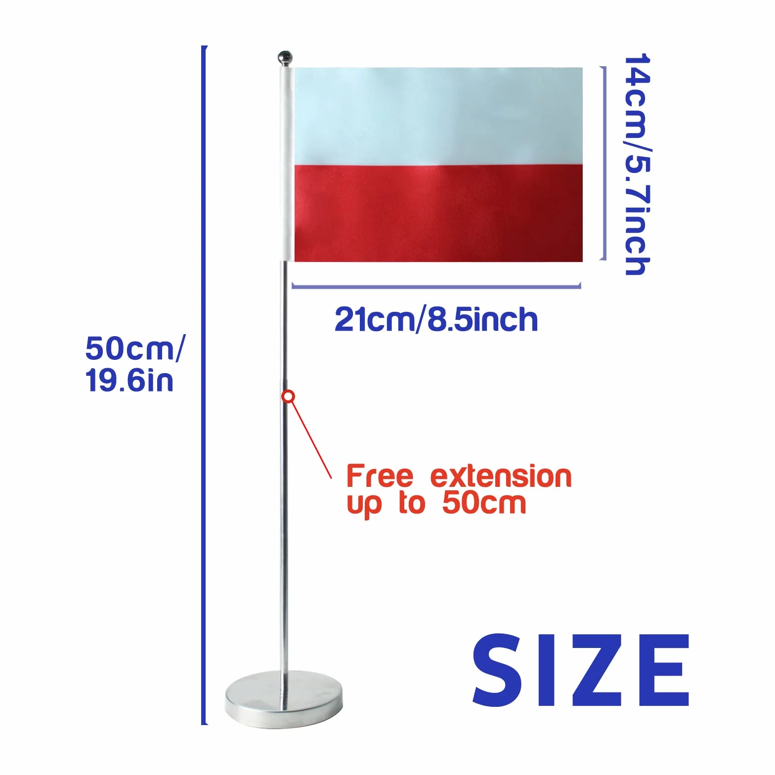 Polska flaga stołowa 23 x 15 cm – podstawa ze stali nierdzewnej, regulowany drążek
