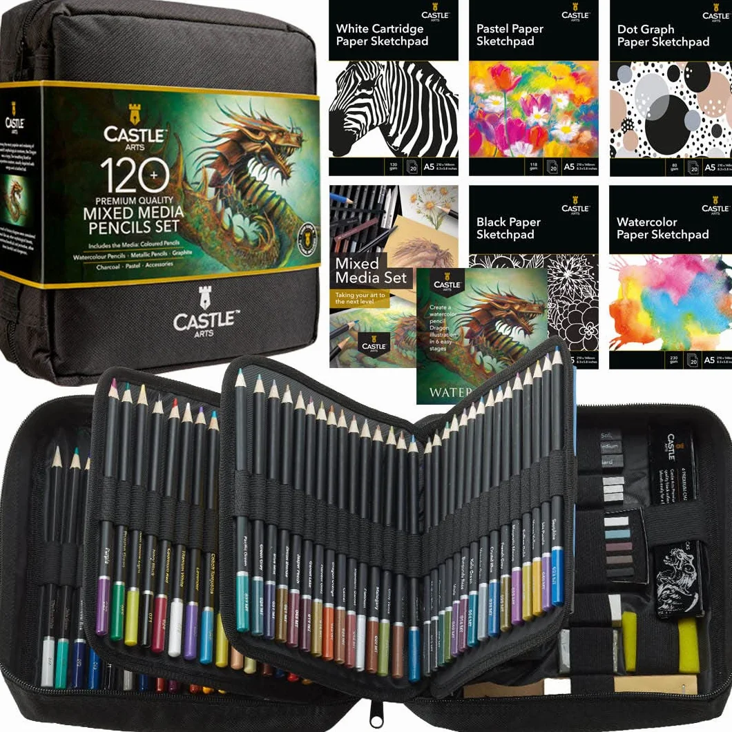 Castle Art Supplies Zestaw mieszanych mediów | Kolekcja ołówków artystycznych 120+ – kolorowe, akwarelowe, pastelowe, metaliczne, grafitowe, węgiel drzewny | Kreatywna wolność dla dorosłych artystów,
