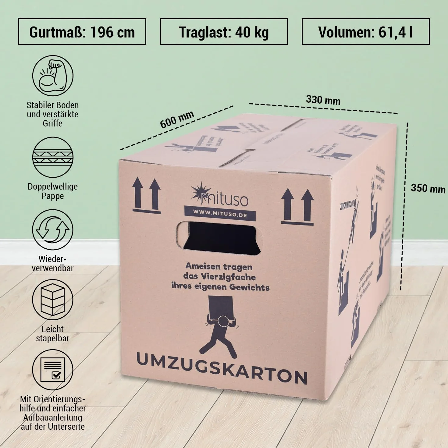 Kartony do przeprowadzki, 25 sztuk, 2-falowane, bardzo stabilne do 40 kg, 600 x 330 x 350 mm, karton z recyklingu, szybki montaż bez taśmy klejącej, pudełka do przenoszenia oraz pudełko archiwalne ze