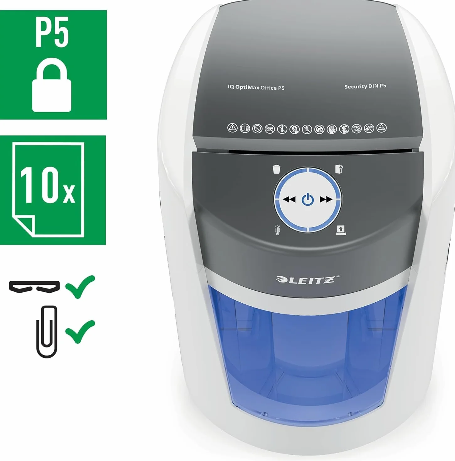 Leitz IQ OptiMax Office 550 Niszczarka P5 Mikrocięcie 35L 550 kartek A4 10-12 kartek 70-80 gsm 120 min