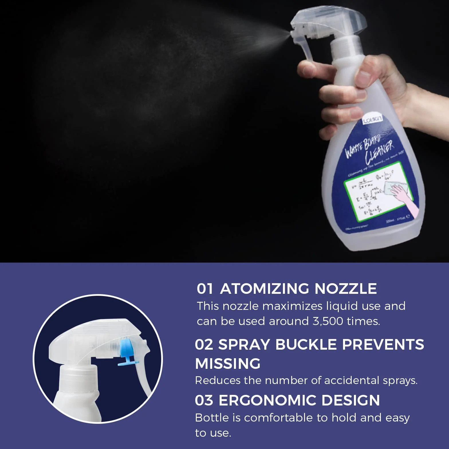 loukin Nietoksyczny środek do czyszczenia tablic suchościeralnych, 500 ml, bezzapachowy spray do czyszczenia tablic suchościeralnych z ściereczką, usuwa uporczywe plamy z tablic suchościeralnych