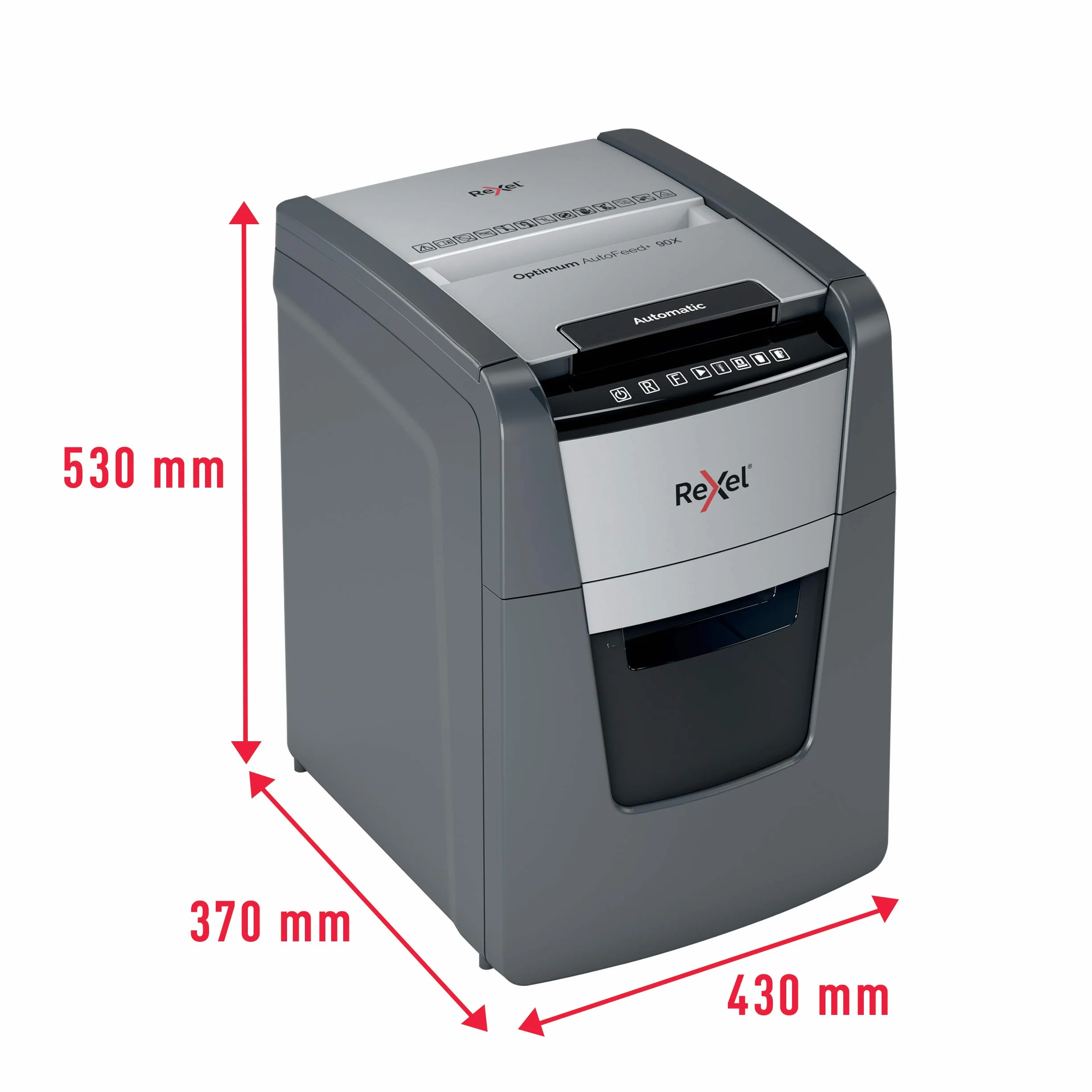Rexel Optimum Auto Feed+ Automatyczna Niszczarka do Papieru, 90 Arkuszy, Bezpieczeństwo P-4, Tnie na Konfetti, do Domowego Biura, Pojemność 34 L, 2020090X
