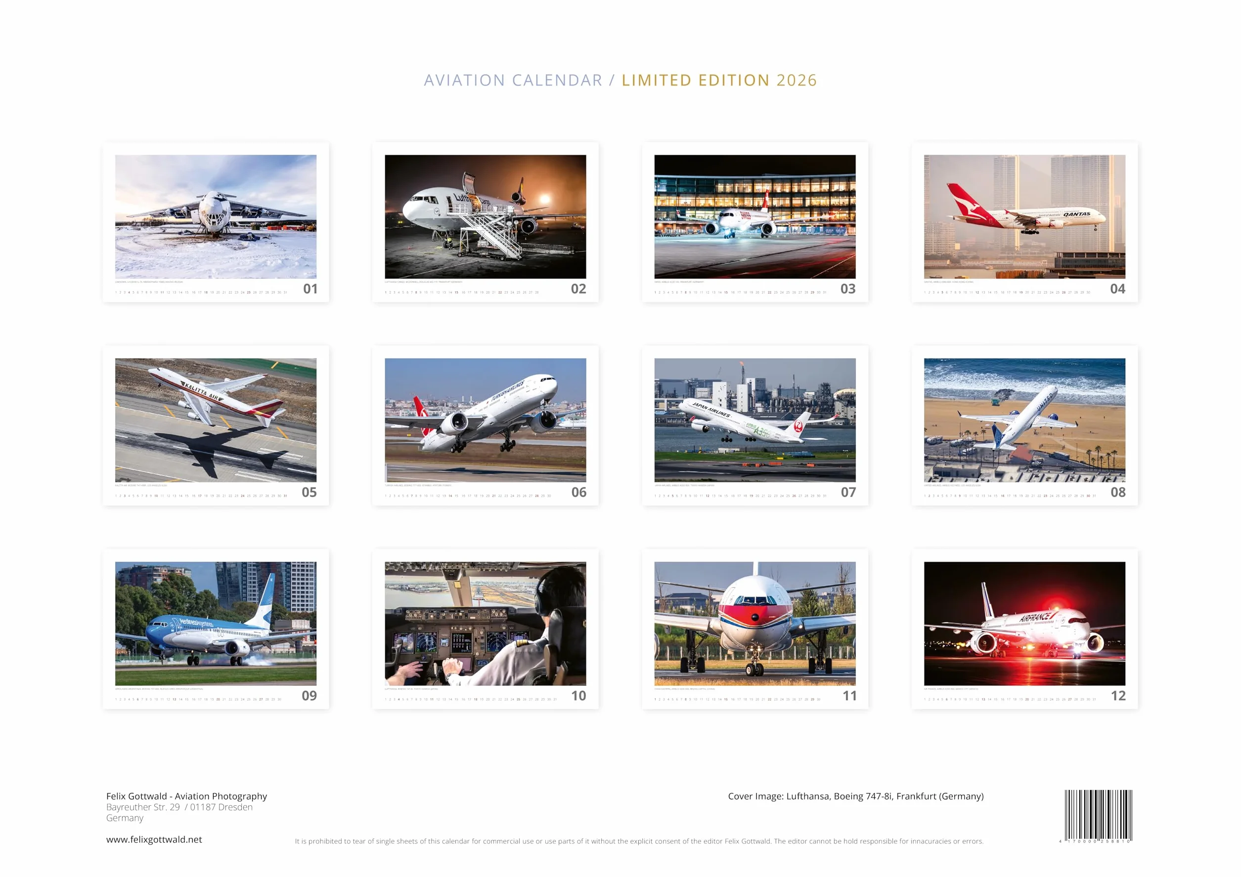Kalendarz AIRLINER 2026 | Kalendarz ścienny A2, 12 motywów | Fotografia lotnicza, żywe kolory na 250 g/m² | Limitowana edycja Felixa Gottwalda