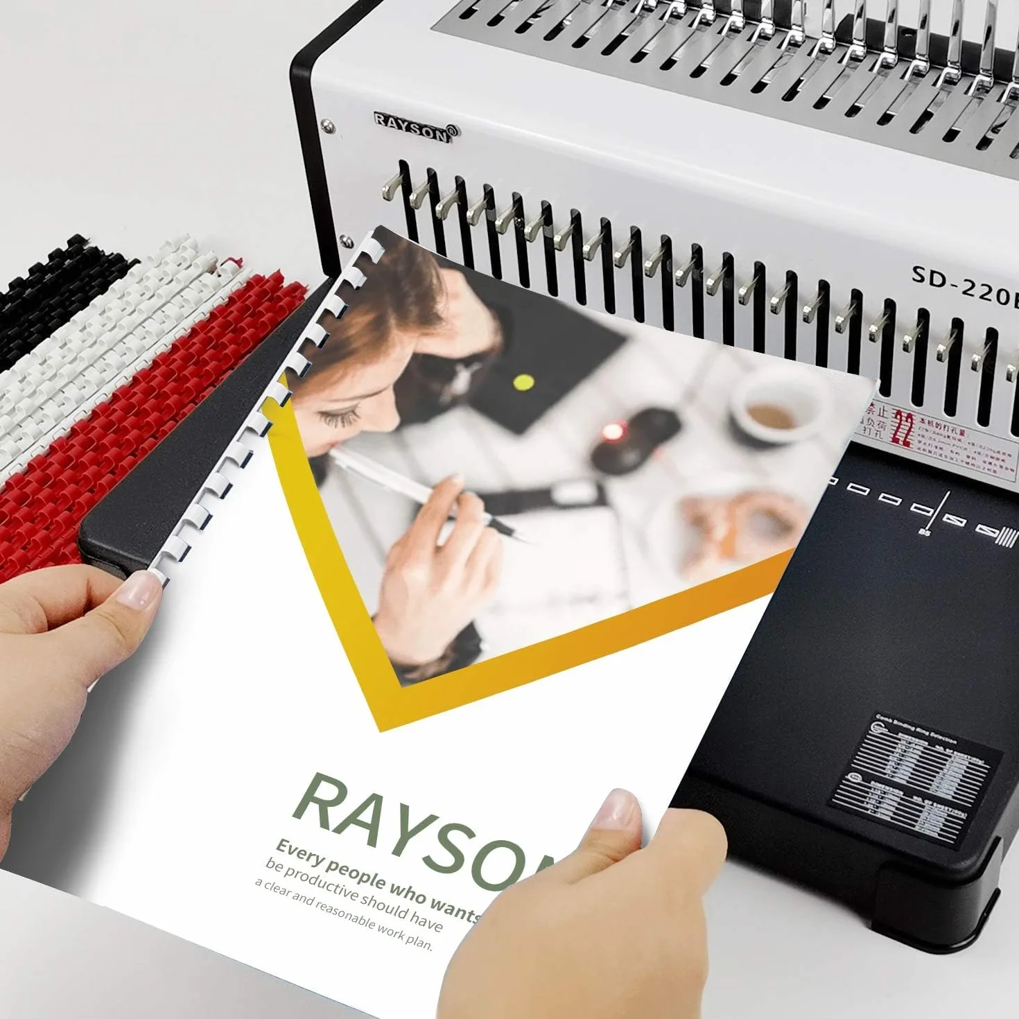 RAYSON Bindownica grzebieniowa, pojemność 400 arkuszy, pojemność 22 arkuszy, 21 otworów, wytrzymała plastikowa maszyna do segregatorów grzebieniowych, A4, SD-220B