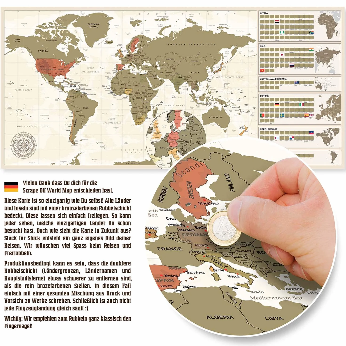 GOODS+GADGETS Scrape Off World Map Vintage – mapa świata XXL do zdrapywania, 100 x 45 cm, mapa świata Deluxe obraz ścienny