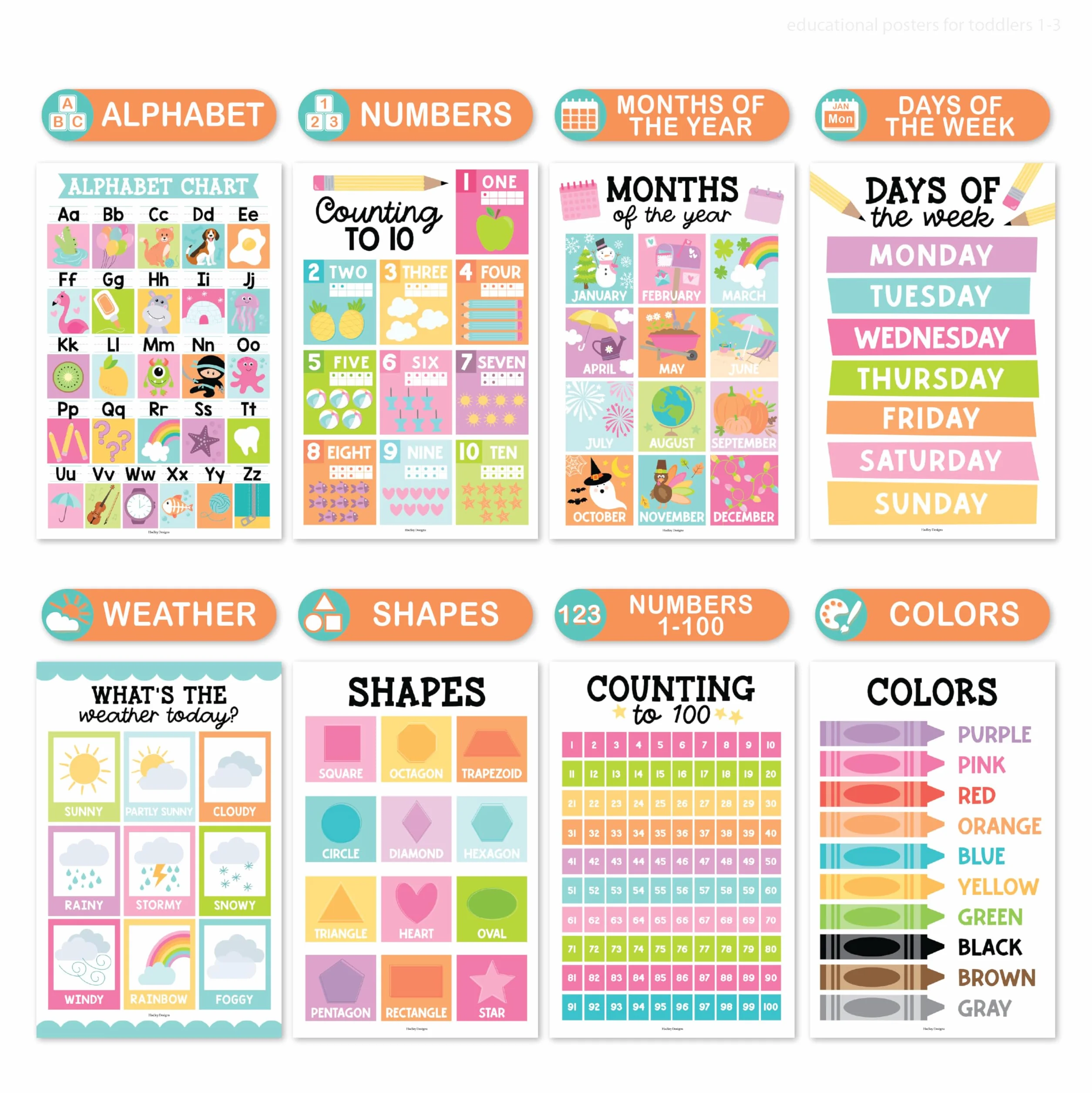 Hadley Designs 16 Educational Posters for Classroom Decor - Pastel Educational Posters for Toddlers 1-3, Toddler Learning Poster for Kids Ages 3-5, Kindergarten & Preschool Classroom Must Haves