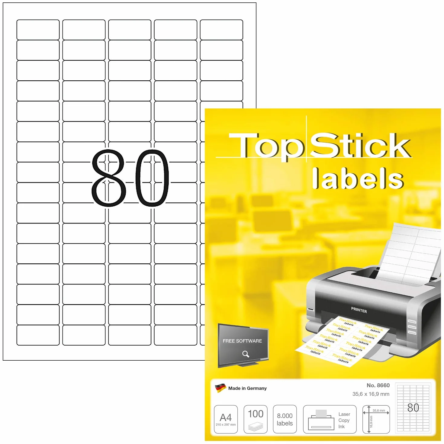 TopStick 8660 Uniwersalne etykiety, 100 arkuszy, 35,6 x 16,9 mm, 80 na arkusz A4, 8000 sztuk, samoprzylepne, nadają się do zadrukowania, matowe, czyste naklejki na papier, białe