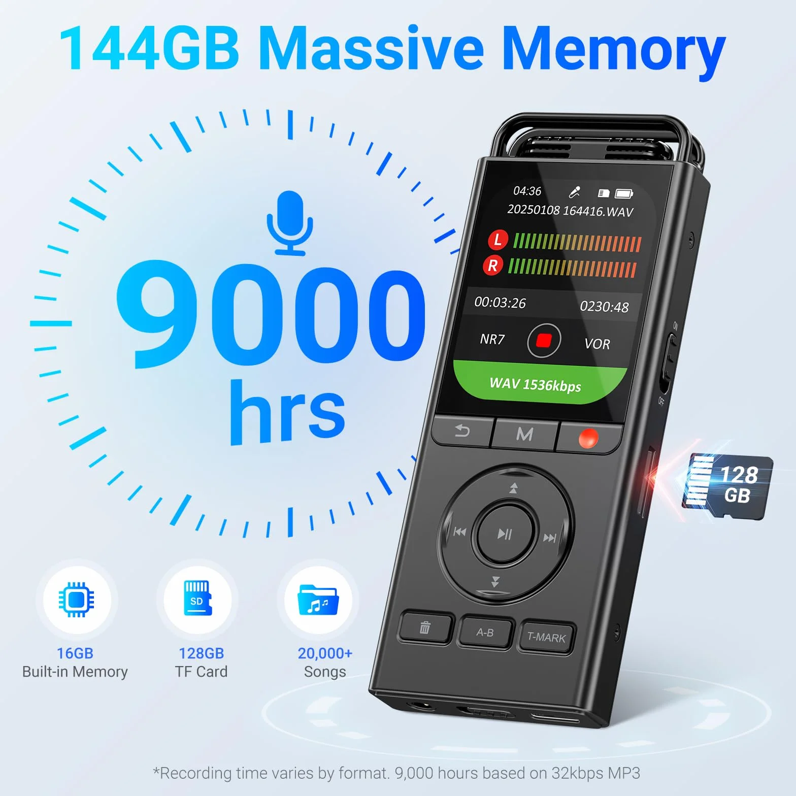 MECHEN Dyktafon cyfrowy 144 GB 3072 kbps HD audio redukcja szumów USB C