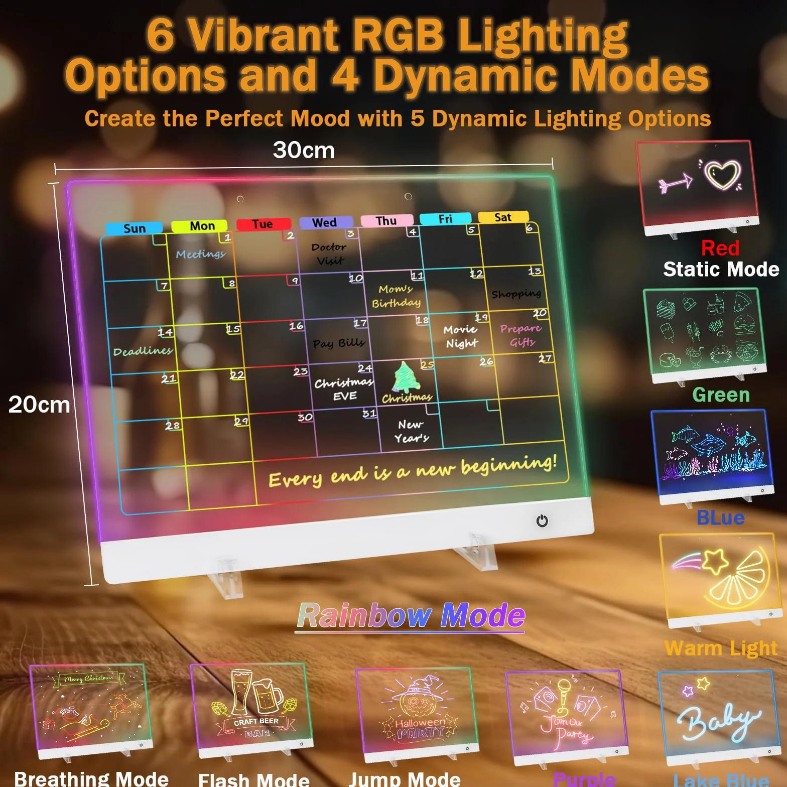 Tablica LED na notatki z kolorami, akrylowa tablica ogłoszeniowa 30x20 cm 5 trybów i 6 kolorów, tablica ogłoszeń z diodami LED, przezroczyste światło, tablica do pisania LED z 7 kolorami długopis