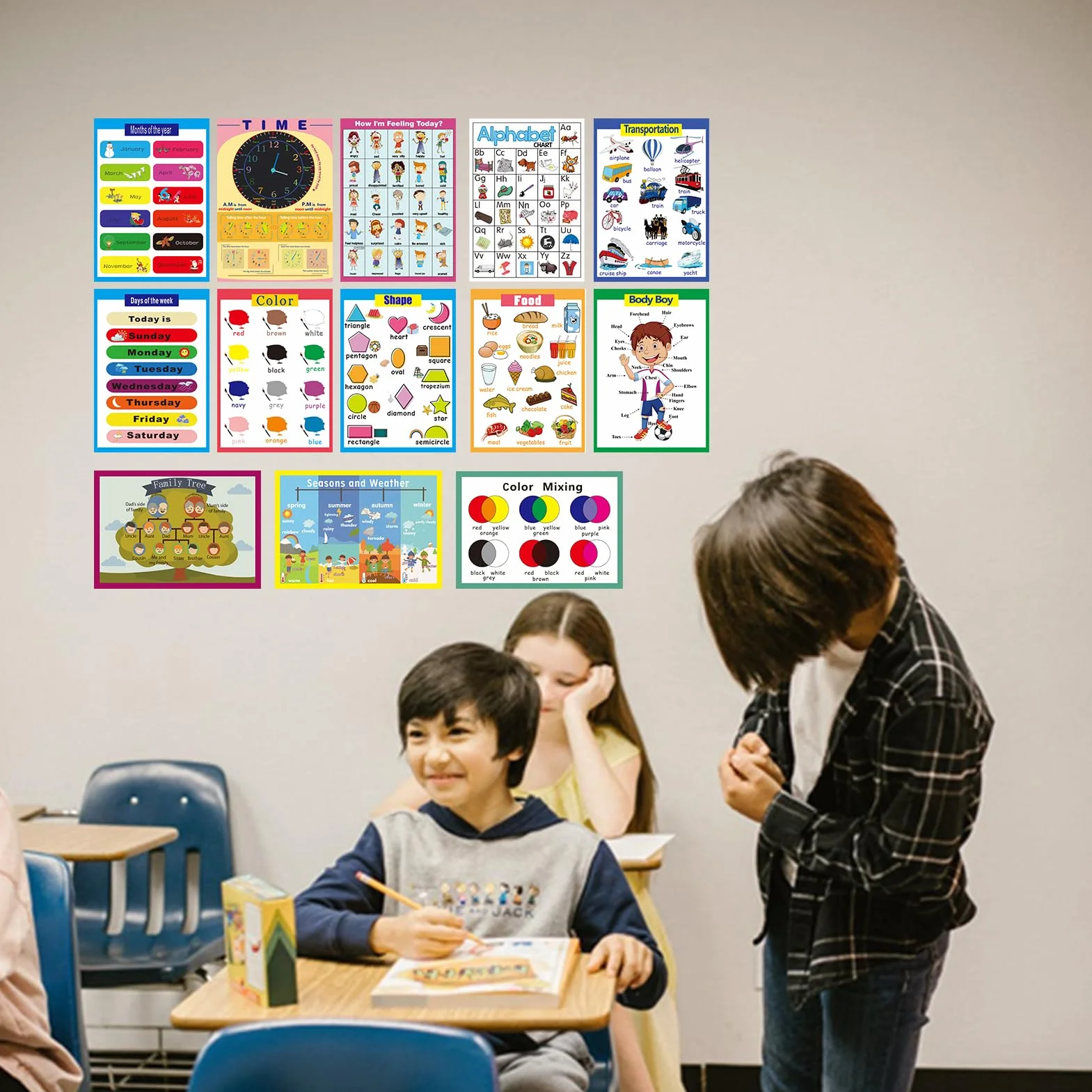 Edukacyjne plakaty ścienne alfabet dla dzieci, 13 sztuk, banery do klasy, szkoły podstawowej