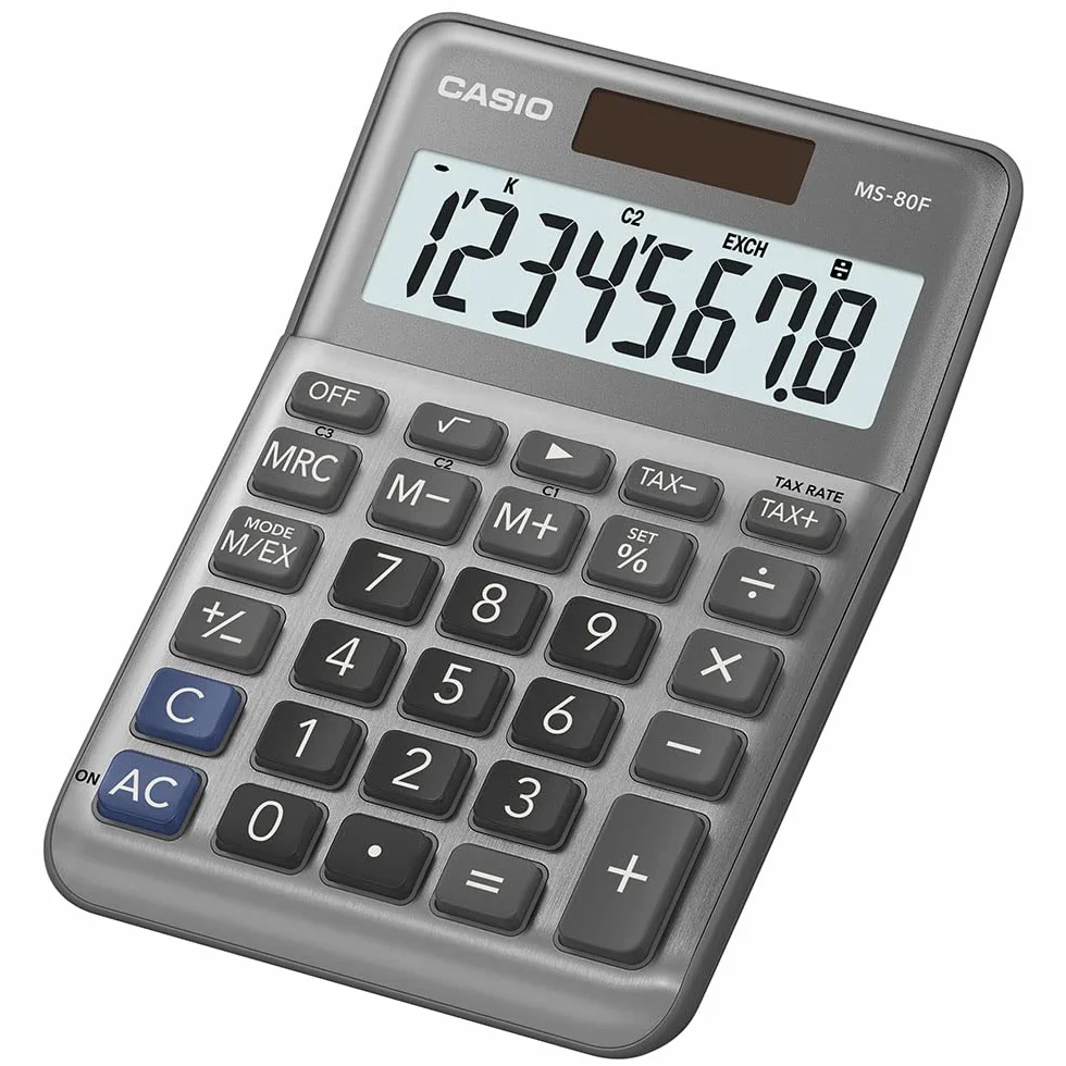 Casio Kalkulator biurkowy MS-80F, 8-cyfrowy, obliczenie podatku, pierwiastek kwadratowy, front aluminiowy, zmiana znaku, zasilanie energią słoneczną/bateryjną