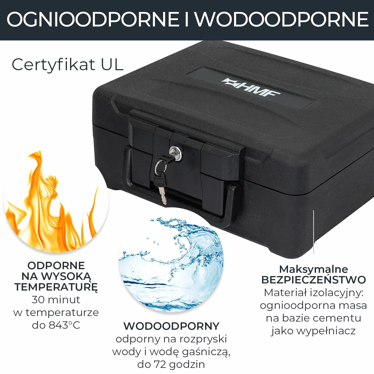HMF Ognioodporne pudełko na dokumenty DIN A4, wodoszczelna kasetka na pieniądze, zamykana, 36,5 x 32 x 15,5 cm, kolor czarny