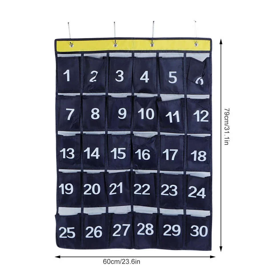 Numerowana torba do przechowywania w klasie, 30 kieszeni Wiszący organizer kieszeni Torby do przechowywania w szkole Wykresy z 4 metalowymi haczykami do kalkulatora w klasie i uchwytu na telefon komórkowy, granatowy