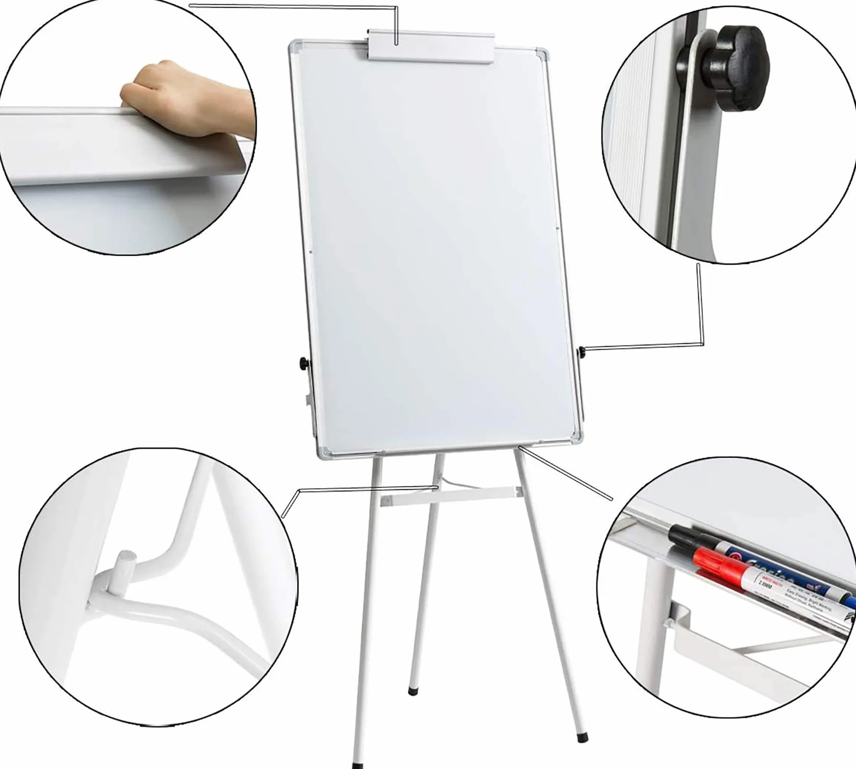 DOEWORKS Tablica suchościeralna, 90 x 60 cm, suchościeralna, magnetyczna, biała tablica, flipchart, regulowana wysokość i składana tablica do domu, szkoły, biura, biała